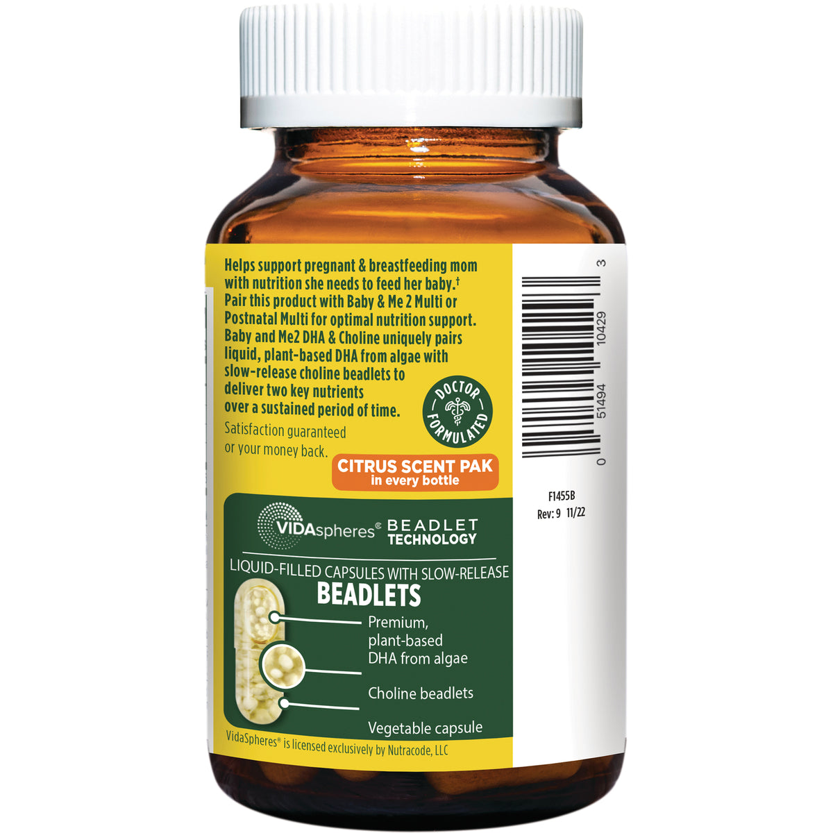 MGF102 | Back label of amber supplement bottle showing beadlets diagram, citrus scent pak callout and barcode