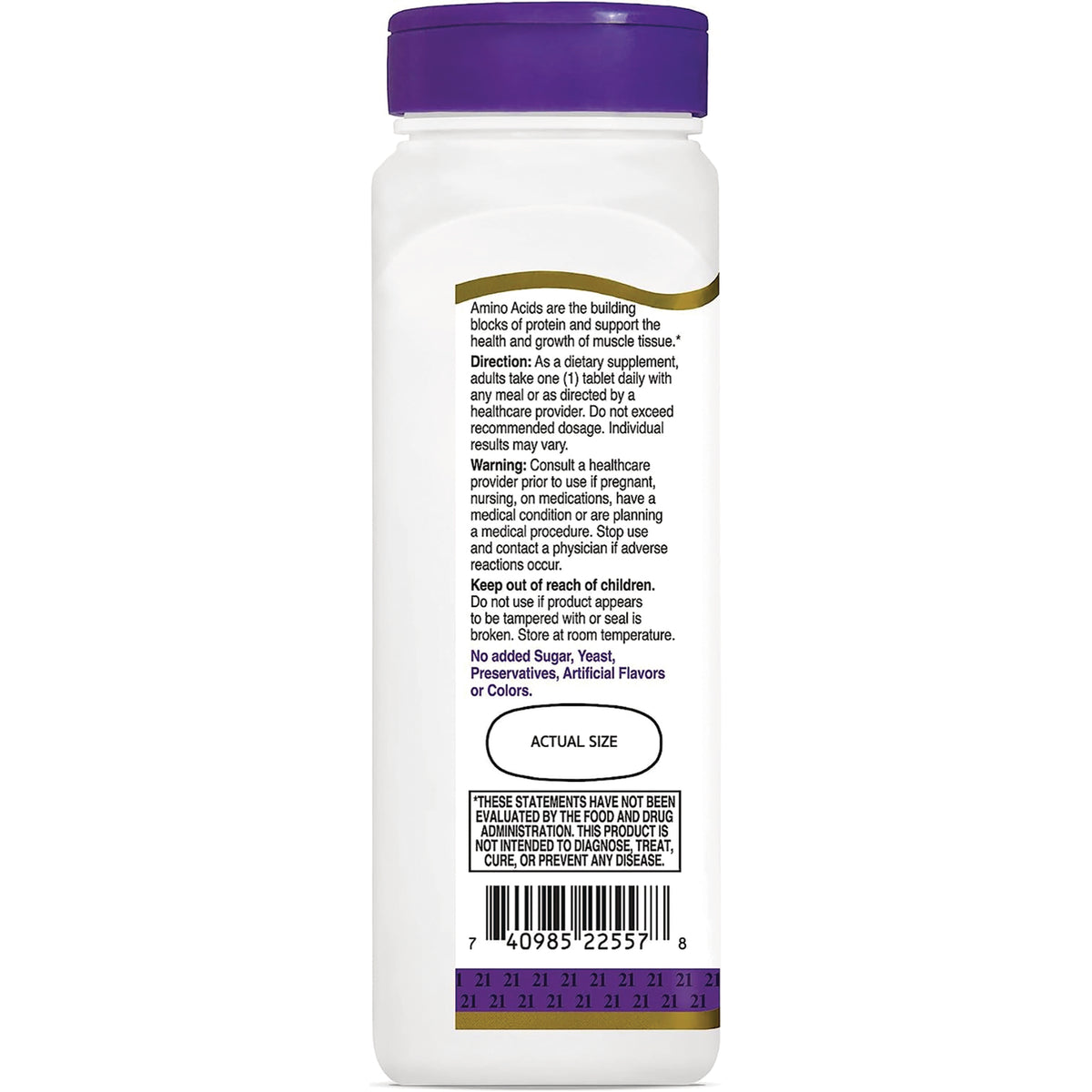 CNT288 | Back label of white supplement bottle showing directions, warnings, barcode and Actual Size oval