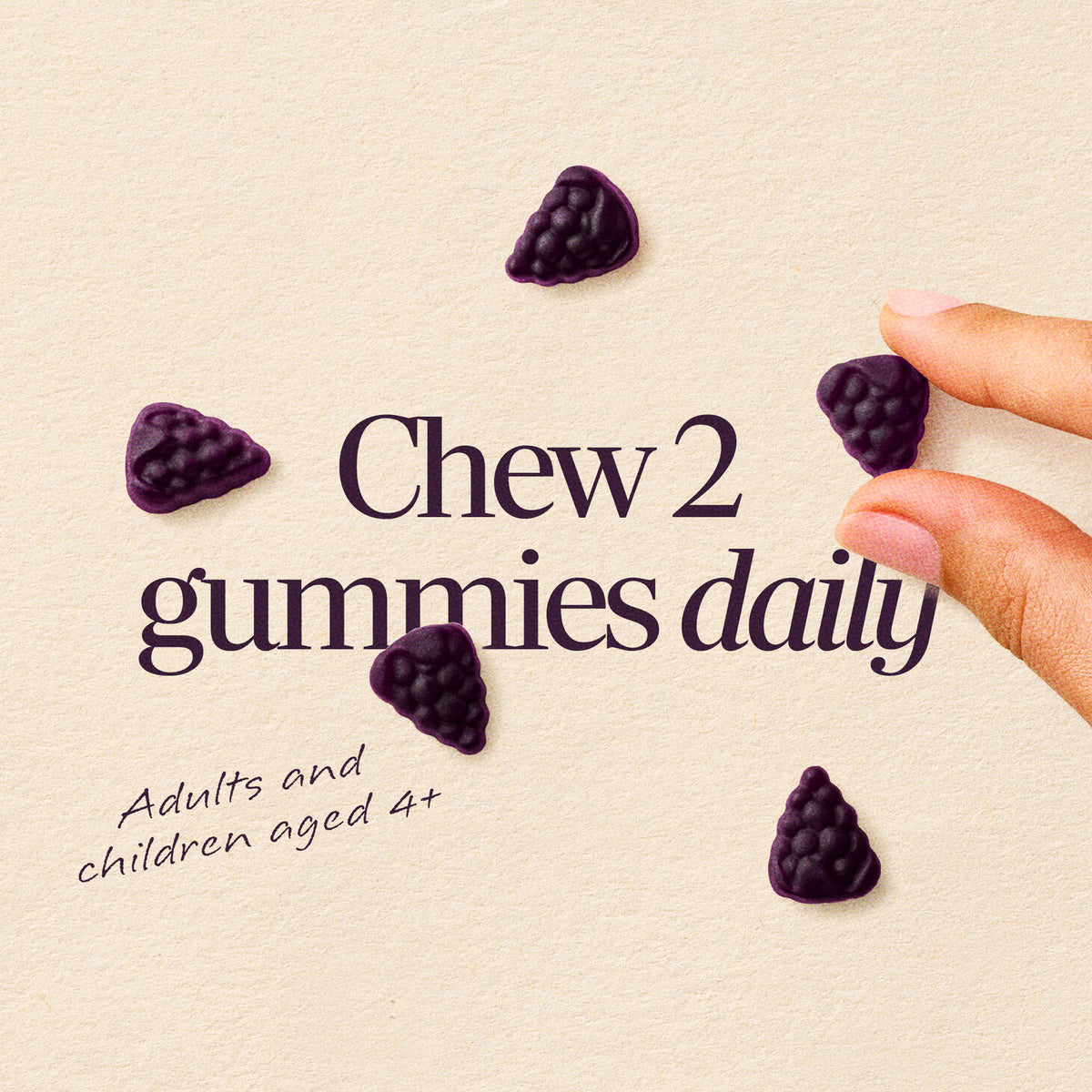 NW883 | Chew 2 gummies daily for adults and children aged 4+, shown with berry-shaped gummies