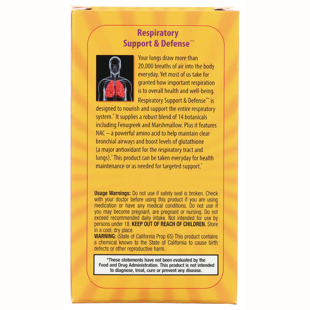 NTS25 | yellow product back panel infographic for Respiratory Support & Defense showing description and usage warnings - Thumbnail