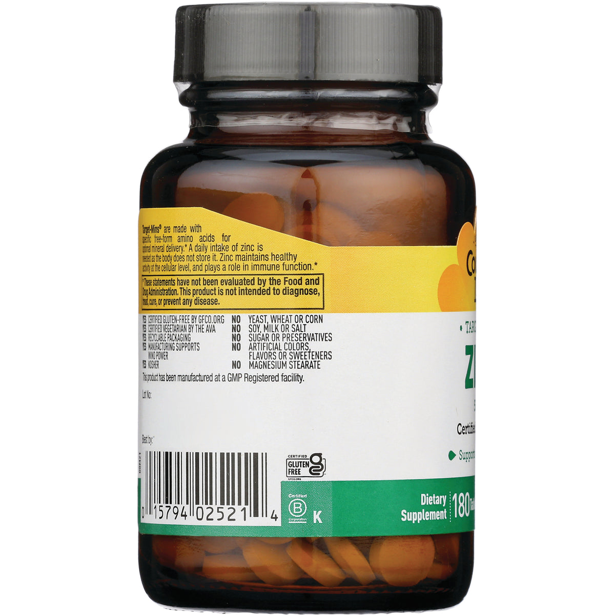 CRL448 | Back of amber supplement bottle showing barcode, ingredient and certification text, and tablets visible