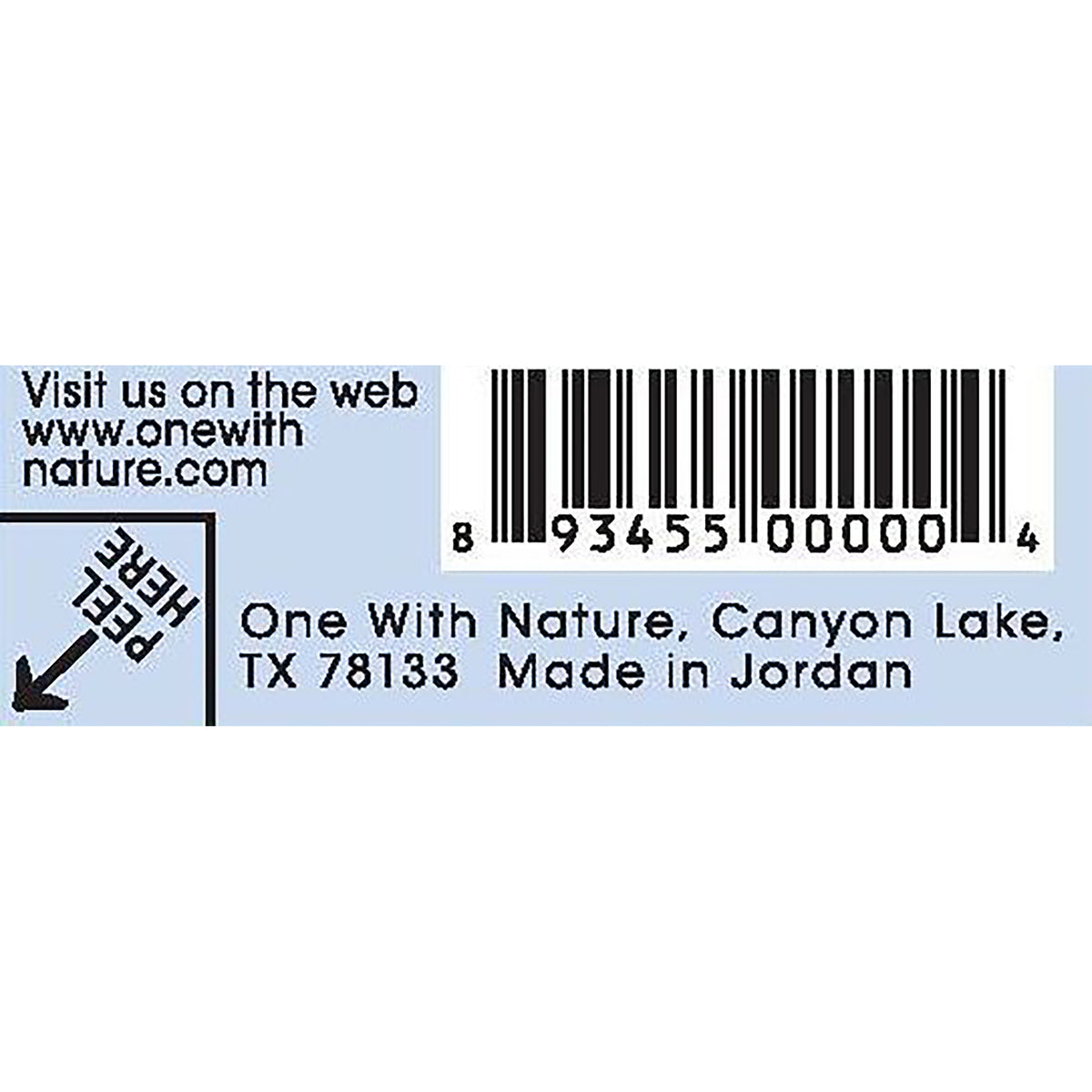 OWN003 | Barcode label with visit us on the web, PEEL HERE, and One With Nature, Canyon Lake, TX 78133 Made in Jordan