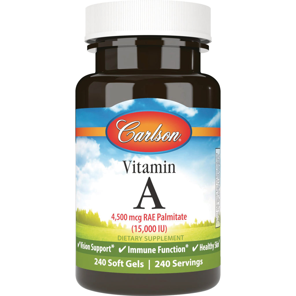 Carlson Vitamin A bottle, 240 soft gels, 4,500 mcg RAE palmitate (15,000 IU) dietary supplement - Thumbnail