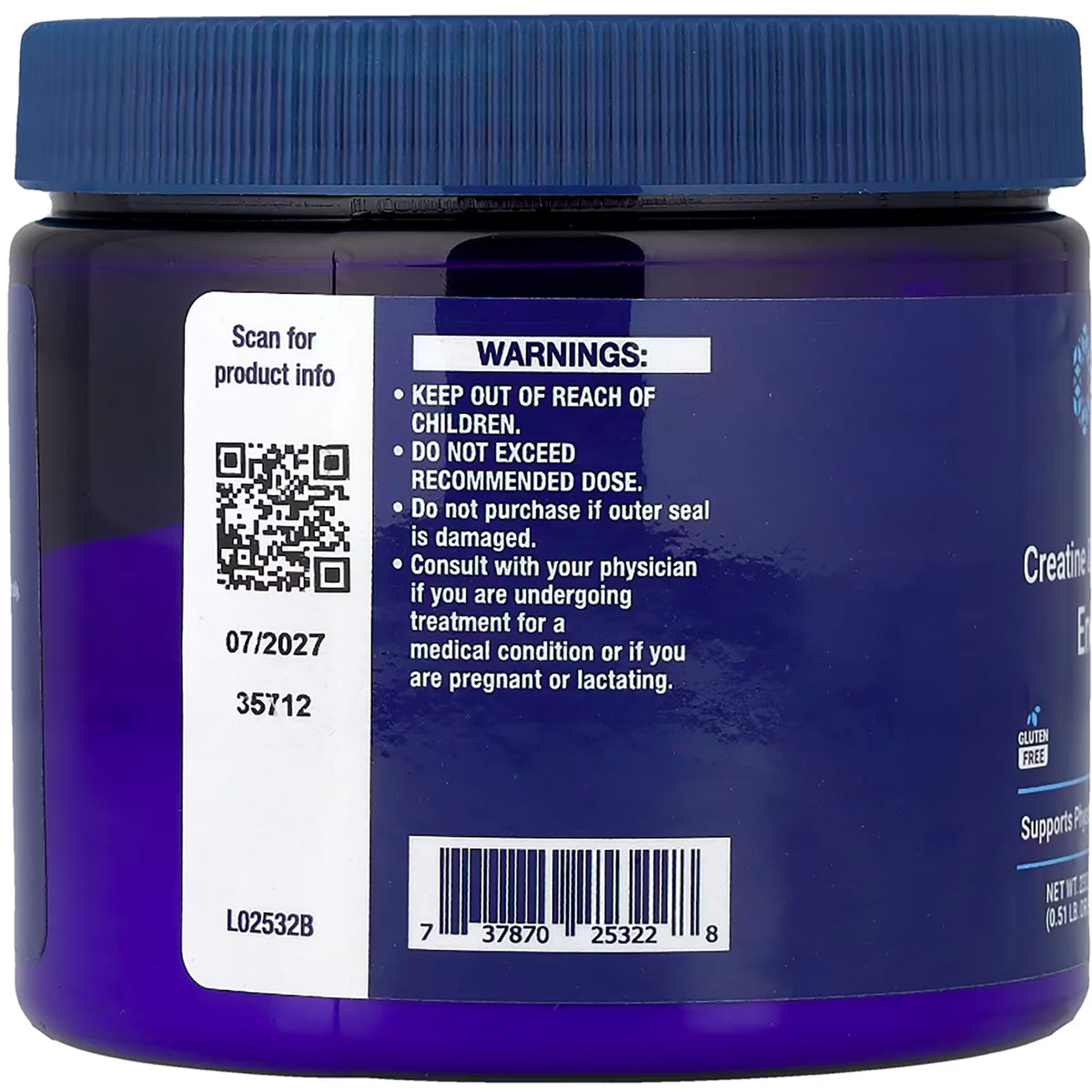 LE592 | Supplement jar back label with warnings, QR code, barcode, and expiration date