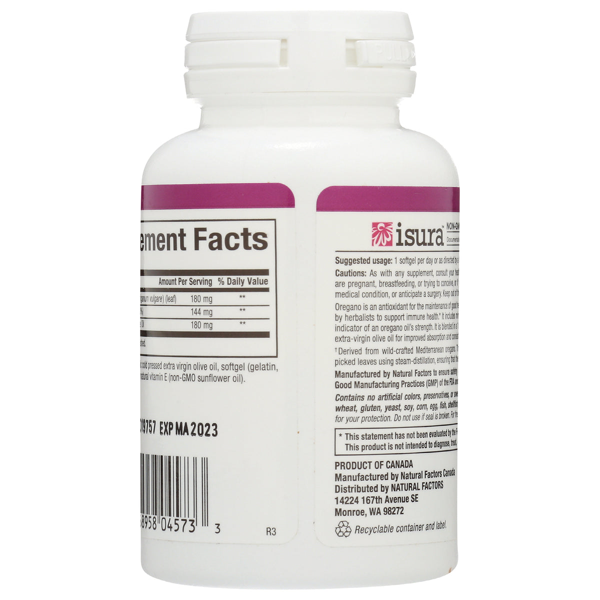 NFC181 | back of white supplement bottle showing Supplement Facts panel, directions, barcode, and small label text