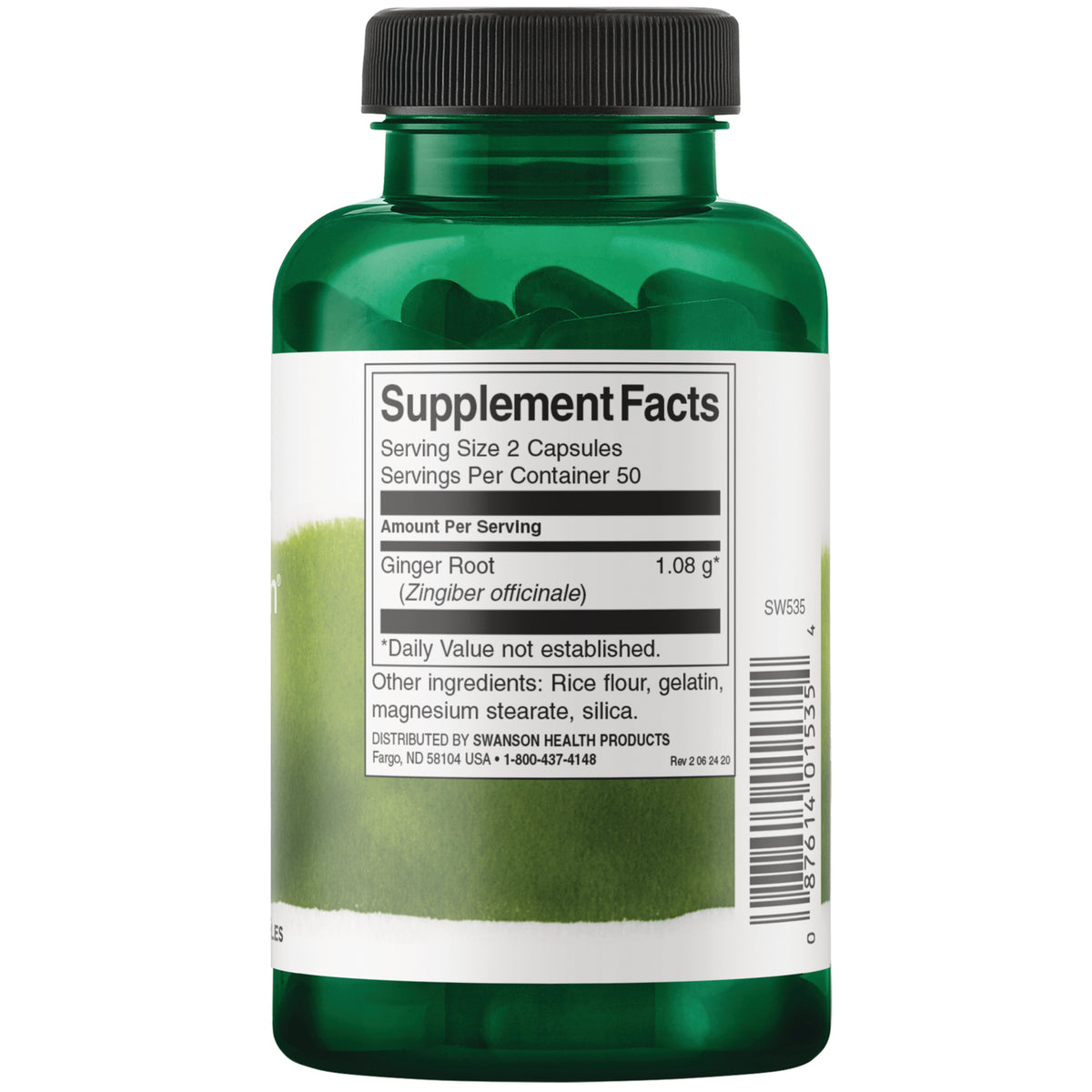 SW535 | Back label showing Supplement Facts for ginger root; serving size 2 capsules, 1.08 g per serving