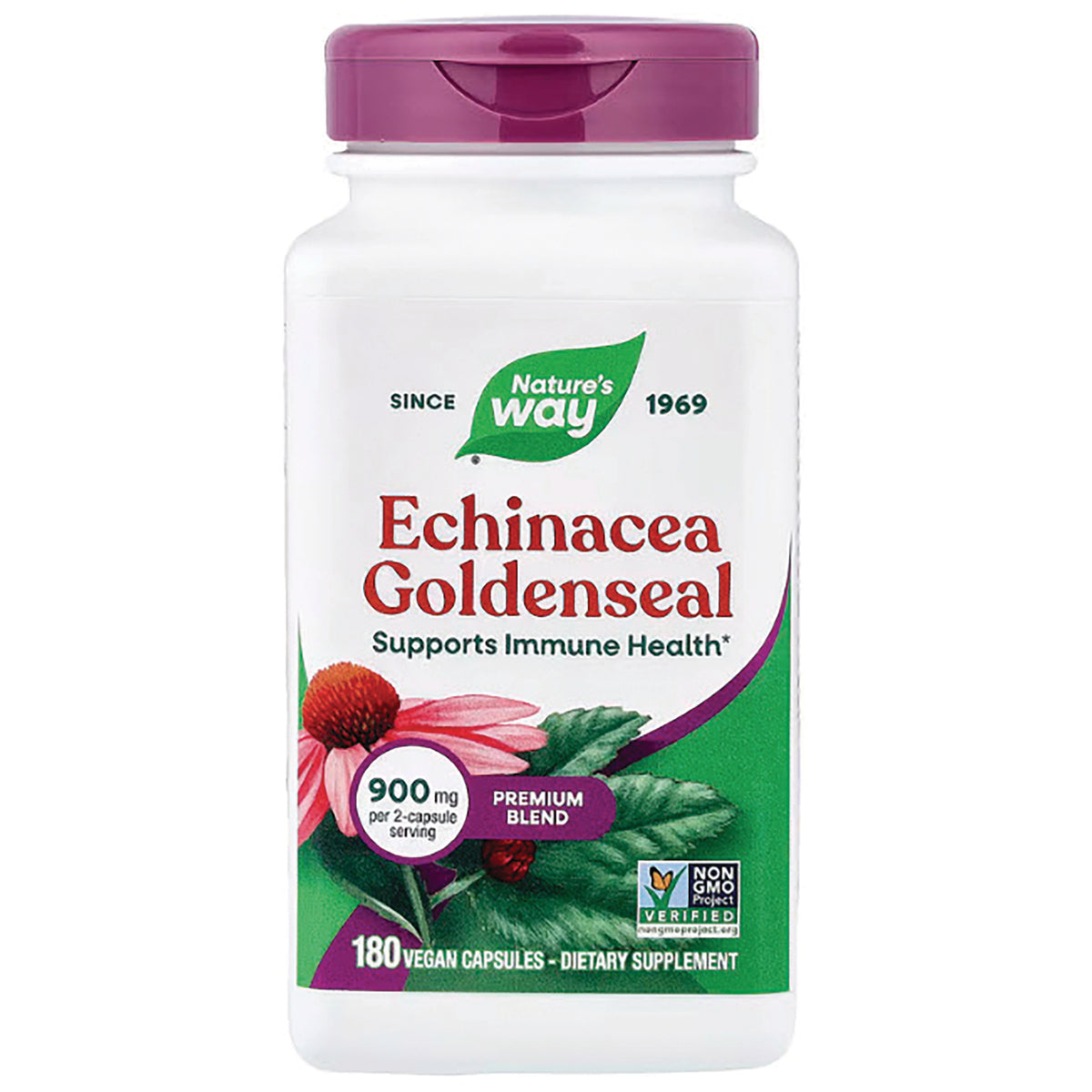 NW275 | Nature's Way Echinacea Goldenseal white supplement bottle with purple cap, 180 vegan capsules, supports immune health