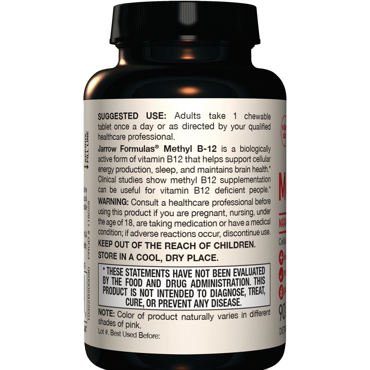 JR361 | Back label of supplement bottle showing suggested use, warnings, storage instructions, and FDA disclaimer