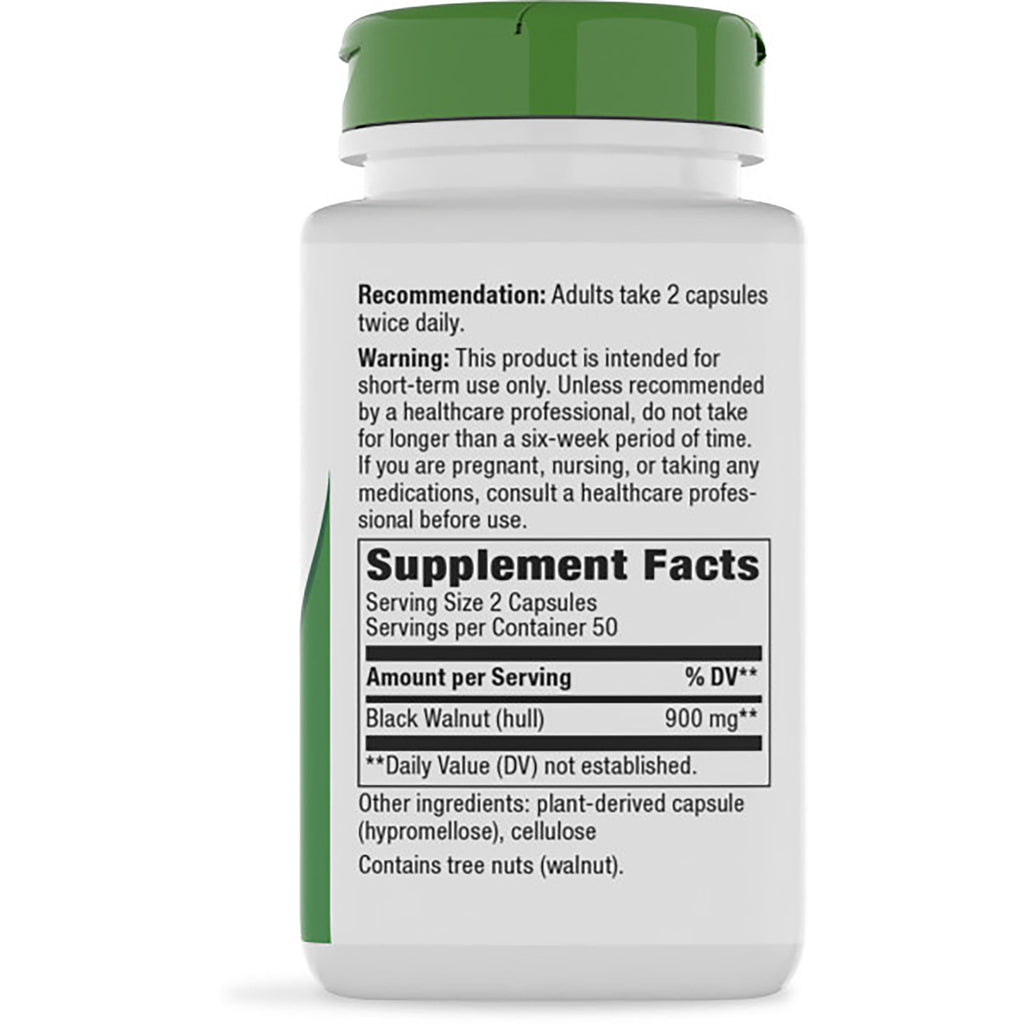 NW701 | Back of brown supplement bottle showing Supplement Facts panel, serving size 2 capsules, Black Walnut 900 mg, warnings - Thumbnail