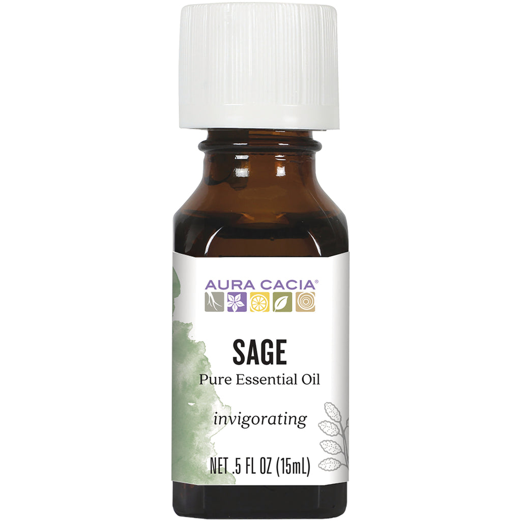 ARC039 | Aura Cacia SAGE pure essential oil 0.5 fl oz brown glass bottle with white cap labeled invigorating - Thumbnail