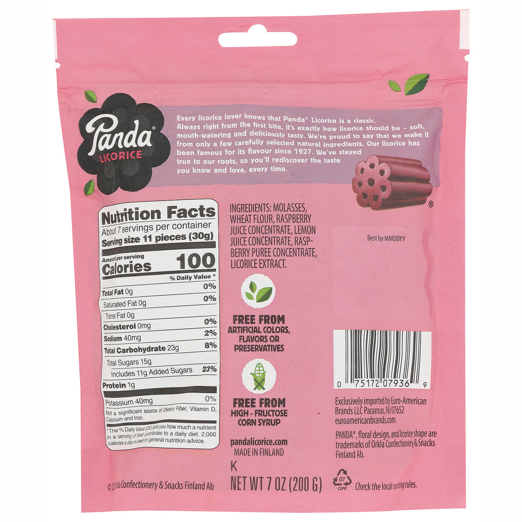 PND002 | Back of pink Panda licorice pouch showing nutrition facts, ingredients, and barcode - Thumbnail