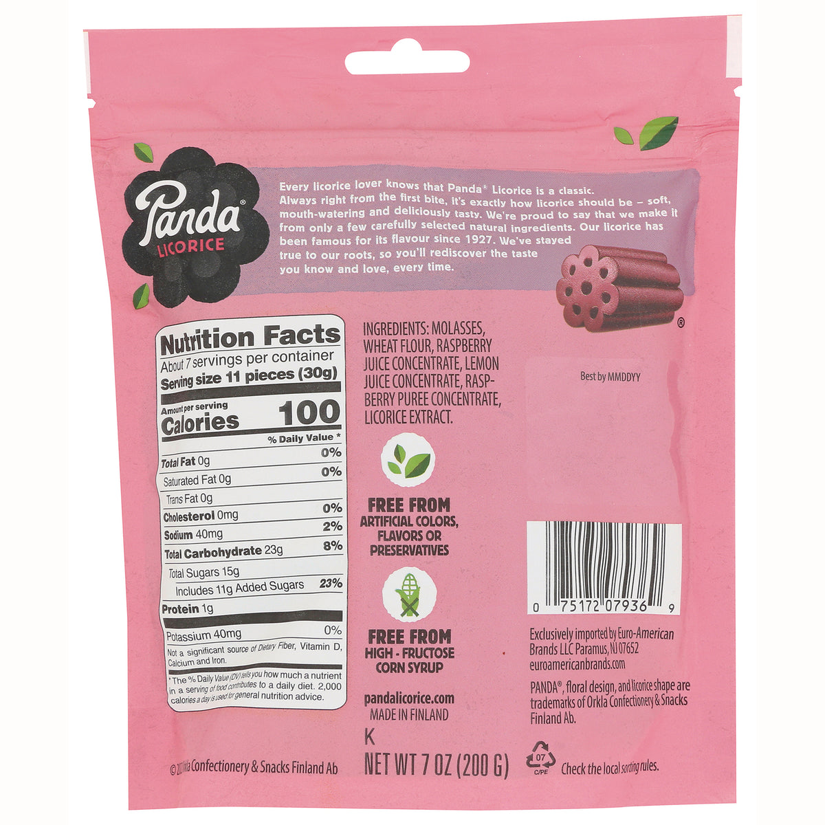 PND002 | Back of pink Panda licorice pouch showing nutrition facts, ingredients, and barcode