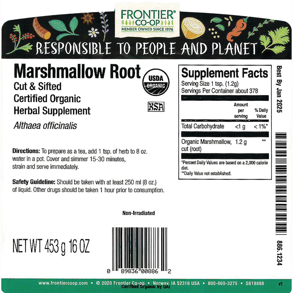 FNP386 | Back label of Frontier Co-op Marshmallow Root herbal supplement showing Supplement Facts, directions, net wt 453 g and barcode - Thumbnail