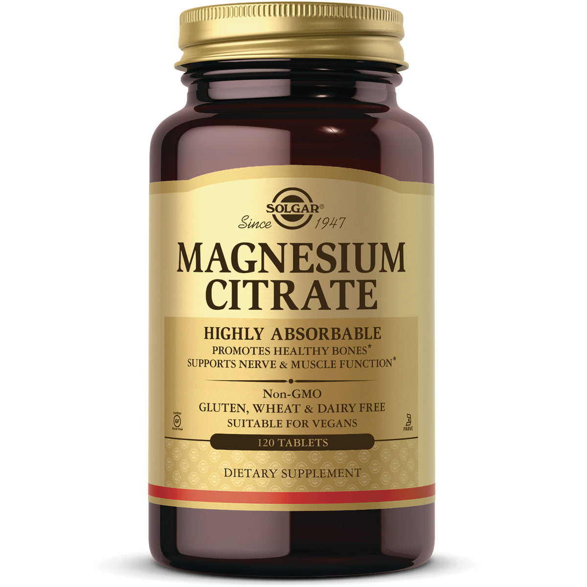 SLG355 | Solgar Magnesium Citrate brown bottle with gold label, highly absorbable, 120 tablets dietary supplement