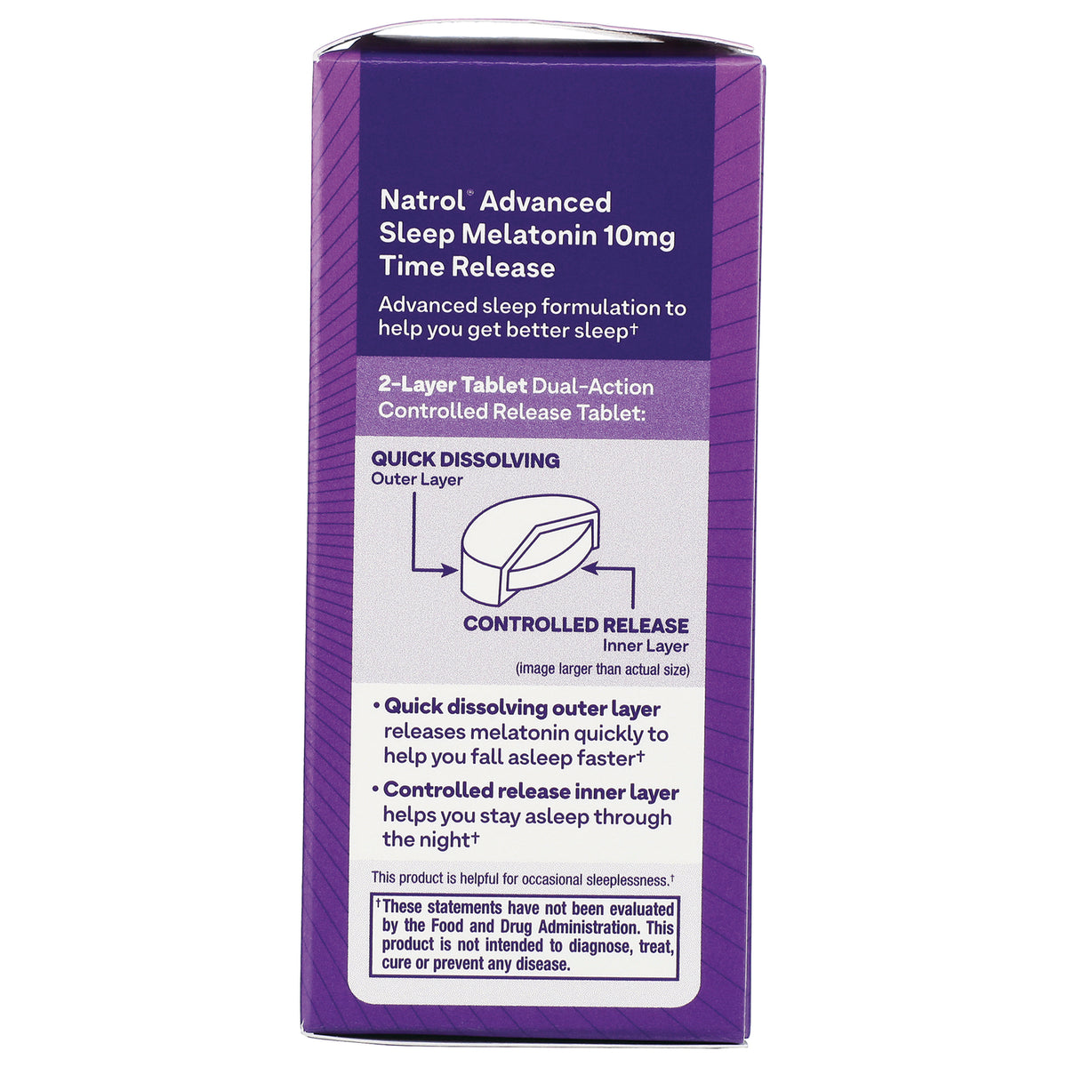 NA504 | Natrol Advanced Sleep Melatonin 10mg time release box side panel with 2-layer tablet diagram and usage bullets