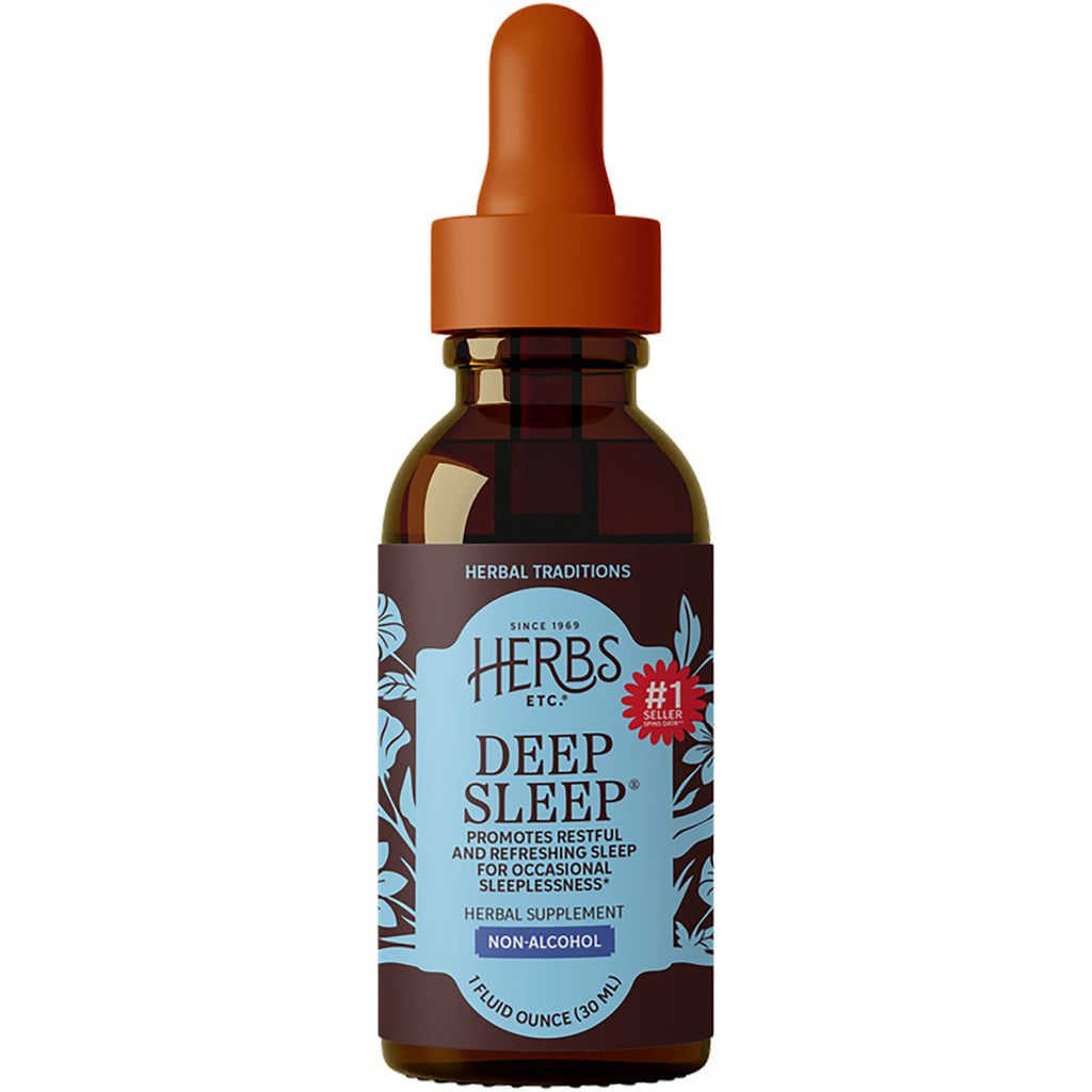 HE104 | Amber glass dropper bottle labeled HERBS ETC DEEP SLEEP herbal supplement, non-alcohol, 1 fluid ounce - Thumbnail