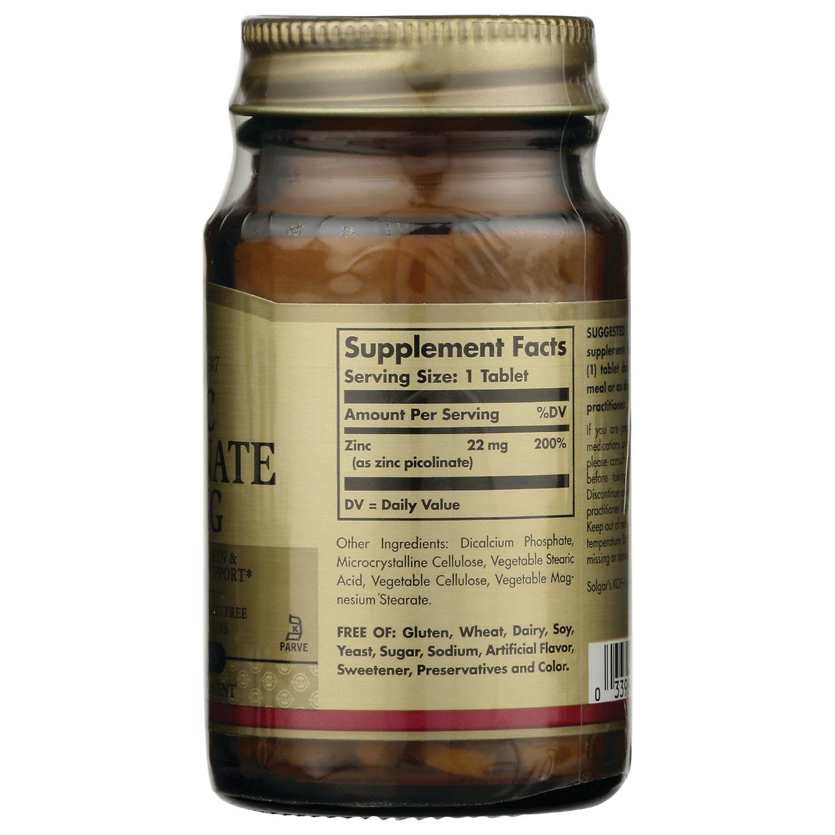 SLG255 | back label of brown supplement bottle showing Supplement Facts panel with Zinc 22 mg and ingredients