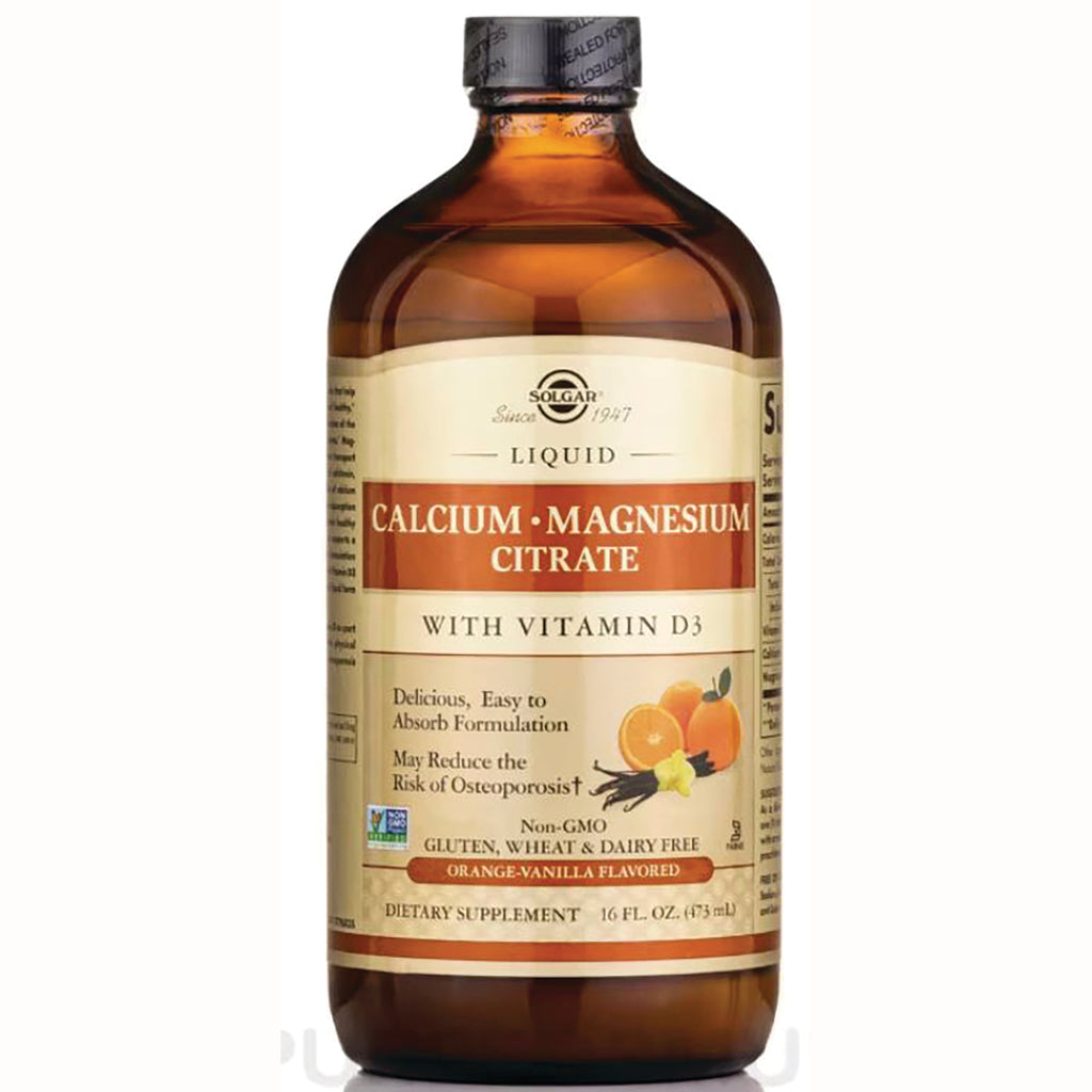 Bottle of Solgar Liquid Calcium Magnesium Citrate with vitamin D3, orange-vanilla flavored, 16 fl oz dietary supplement - Thumbnail