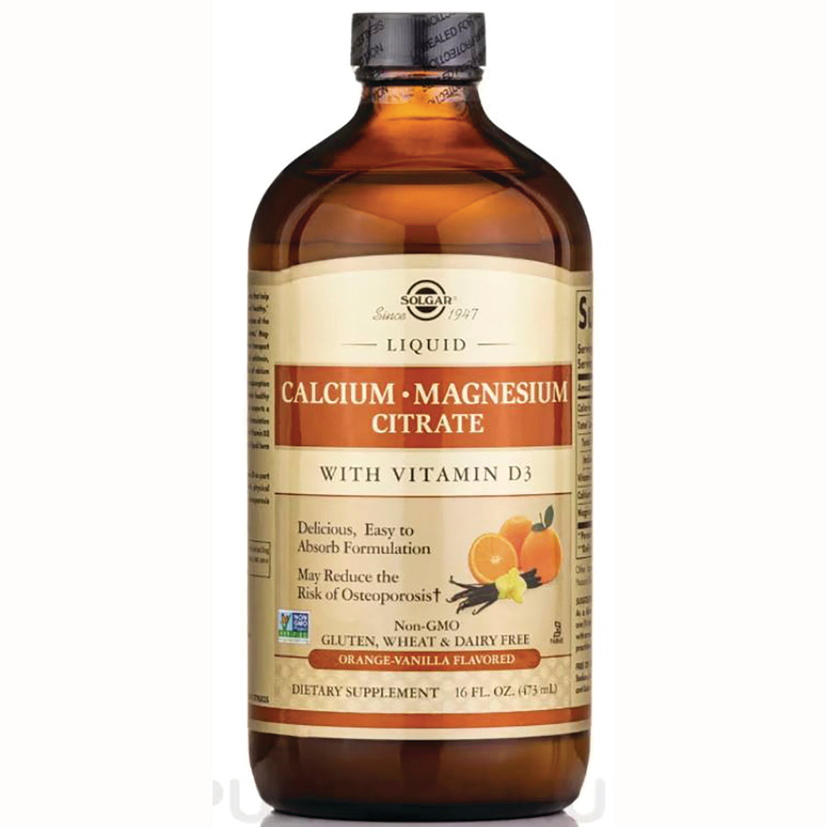 Bottle of Solgar Liquid Calcium Magnesium Citrate with vitamin D3, orange-vanilla flavored, 16 fl oz dietary supplement