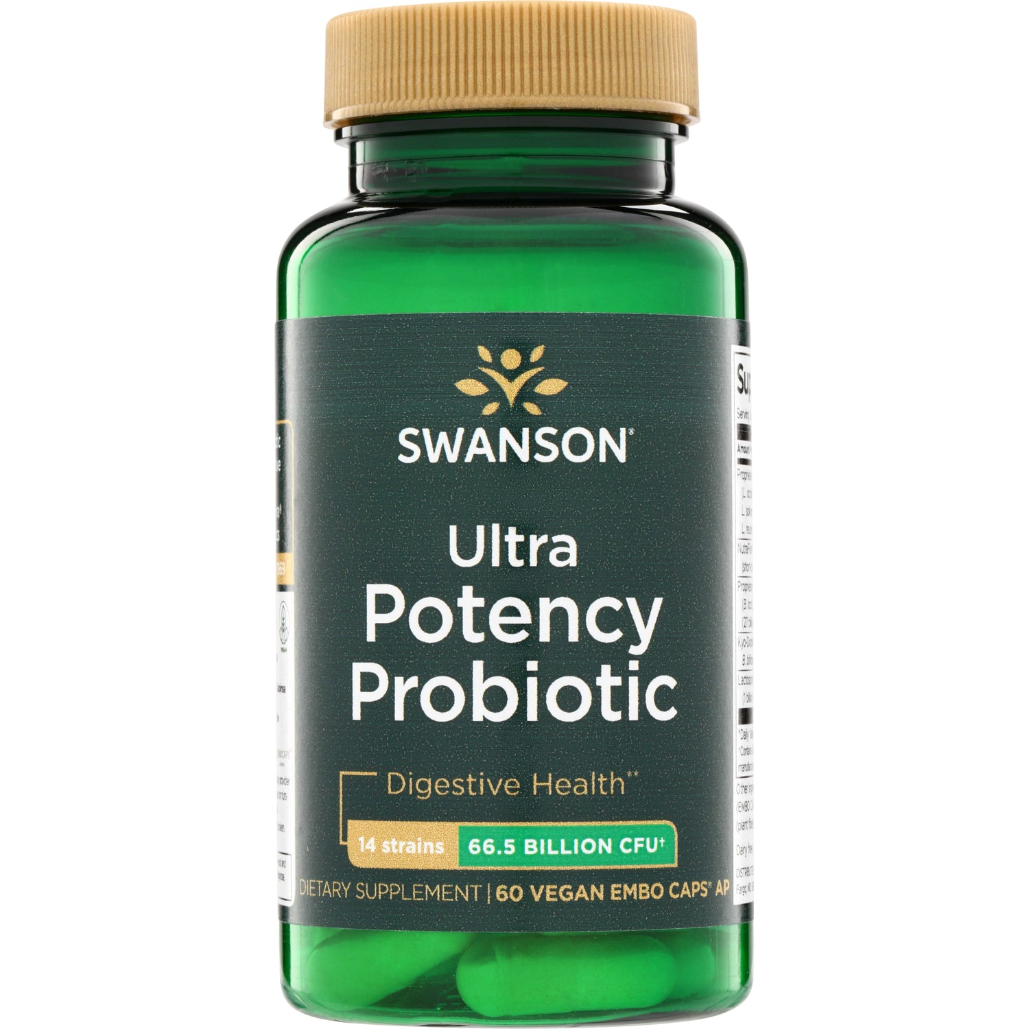 SWA045 | Swanson Ultra Potency Probiotic bottle, Digestive Health; 14 strains, 66.5 Billion CFU; 60 vegan caps