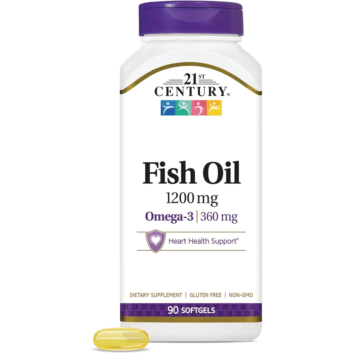 CNT117 | 21st Century Fish Oil 1200 mg bottle showing label and one softgel, 90 softgels, heart health support
