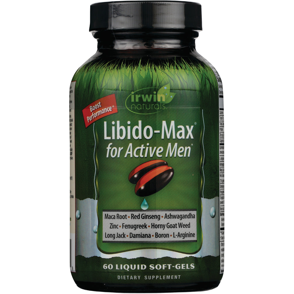 IR203 | Irwin Naturals Libido-Max for Active Men bottle with green label showing 60 liquid soft-gels and listed ingredients - Thumbnail