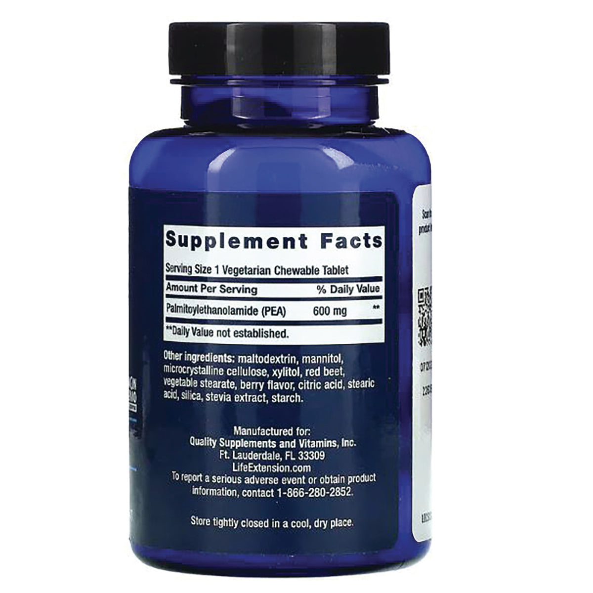 LE486 | Blue supplement bottle back showing Supplement Facts label and ingredients including Palmitoylethanolamide (PEA) 600 mg
