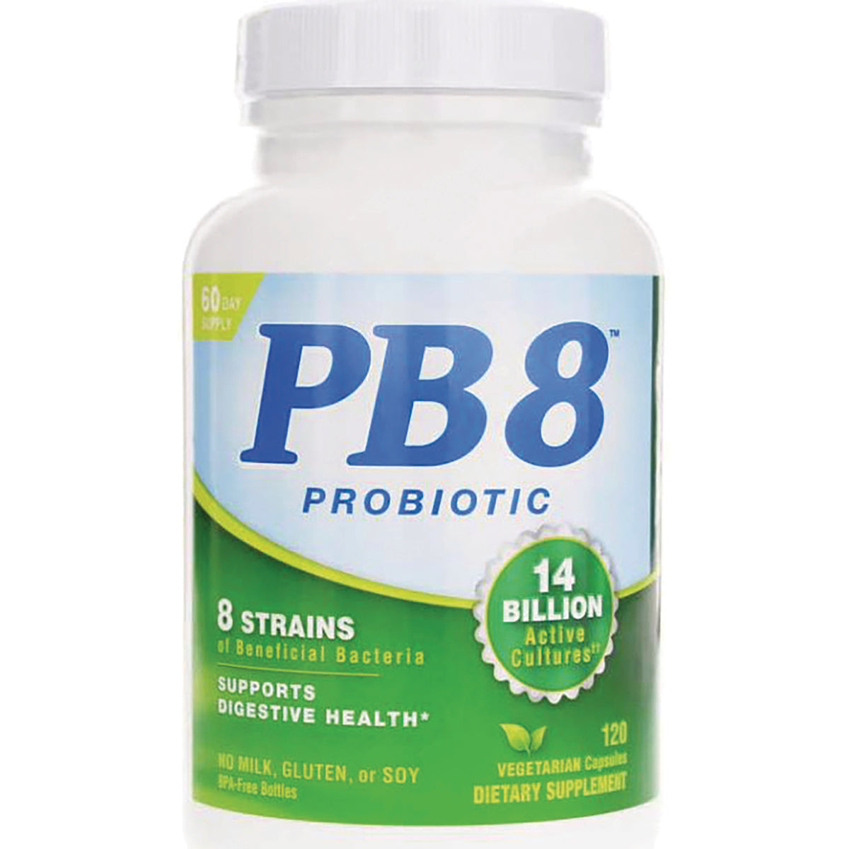 NTN022 | PB8 probiotic bottle front label showing 14 billion active cultures, 8 strains, 120 vegetarian capsules