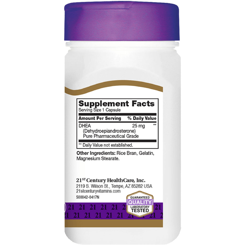 CNT046 | back label showing Supplement Facts for DHEA 25 mg and other ingredients on white bottle - Thumbnail
