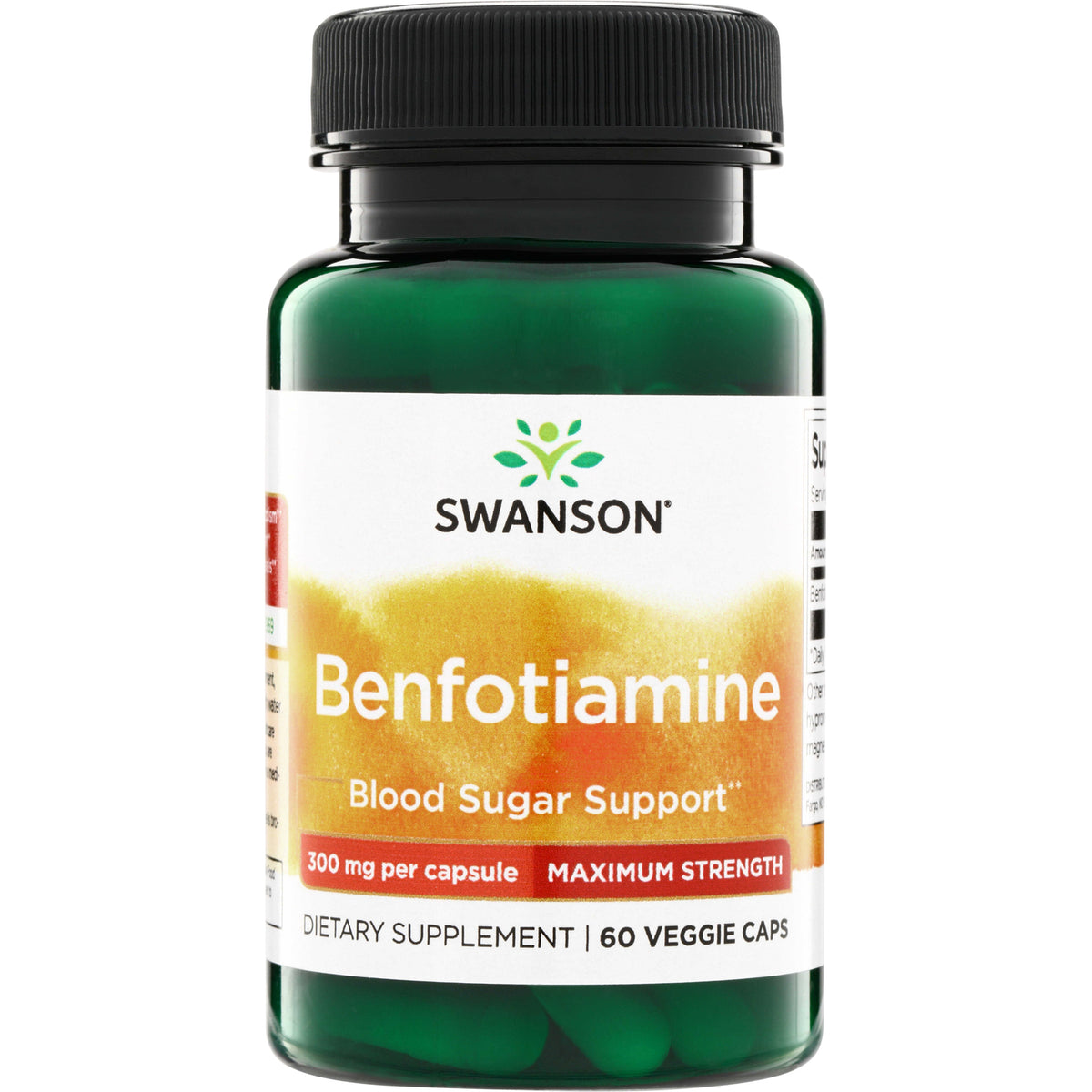 SWU977 | Swanson Benfotiamine supplement bottle front, Blood Sugar Support, 300 mg per capsule, 60 veggie caps