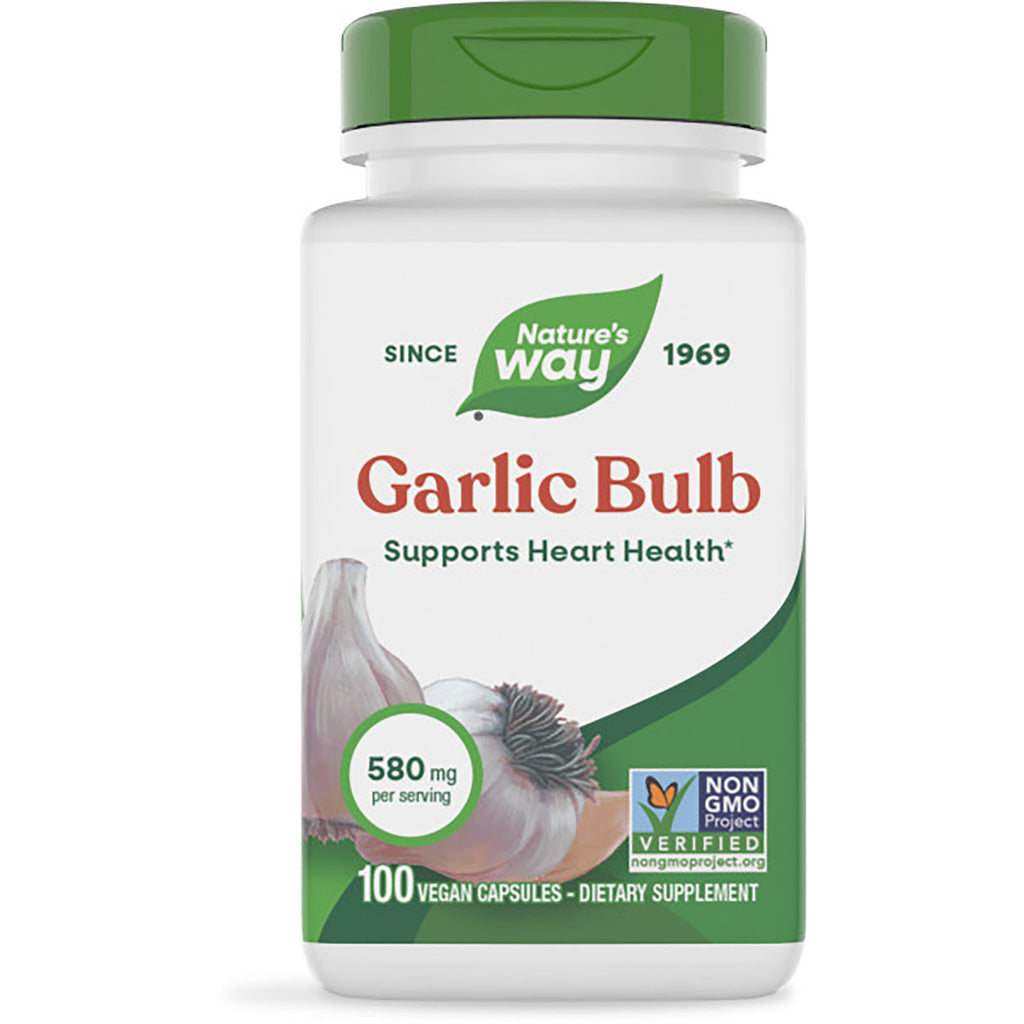 NW935 | Nature's Way Garlic Bulb bottle front label showing 100 vegan capsules, 580 mg, plant powered, supports heart health - Thumbnail