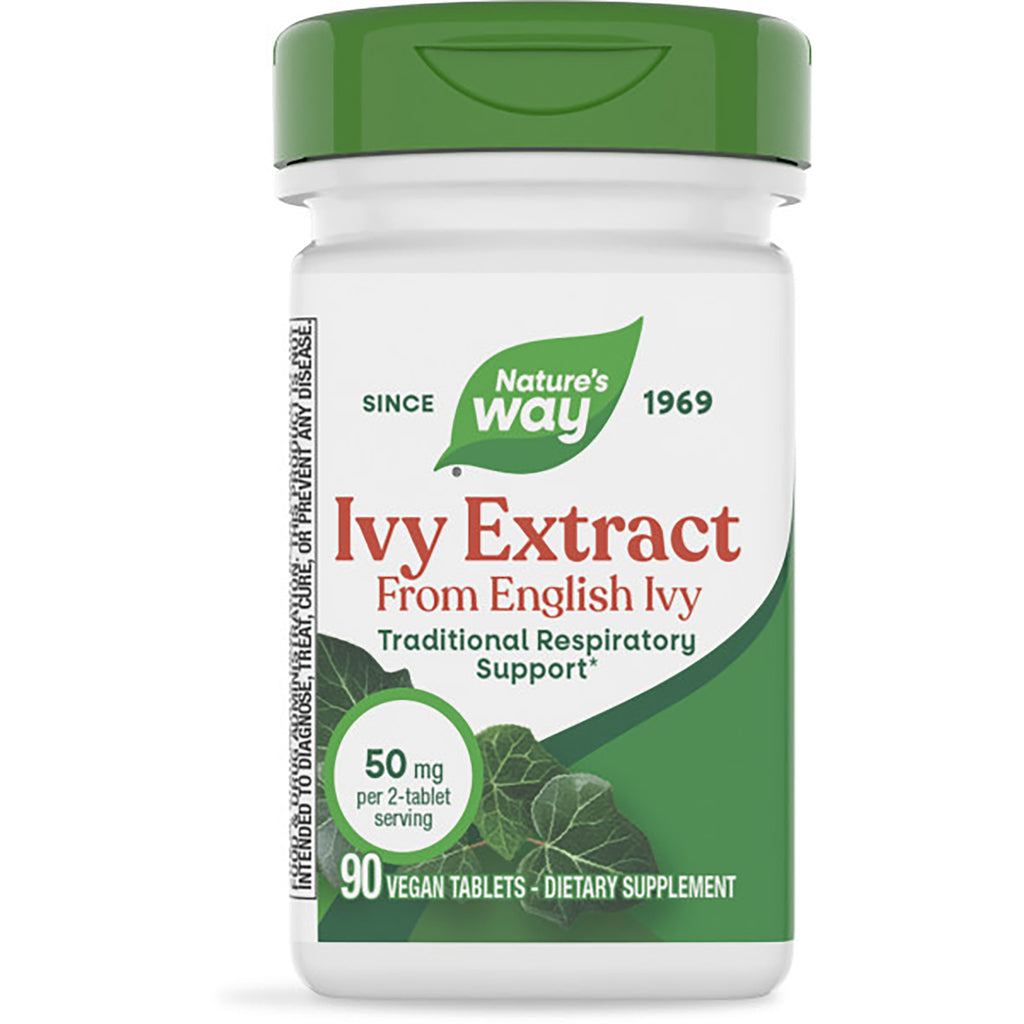 ET466 | Nature's Way Ivy Extract white bottle with green cap labeled 90 vegan tablets 50 mg per serving - Thumbnail