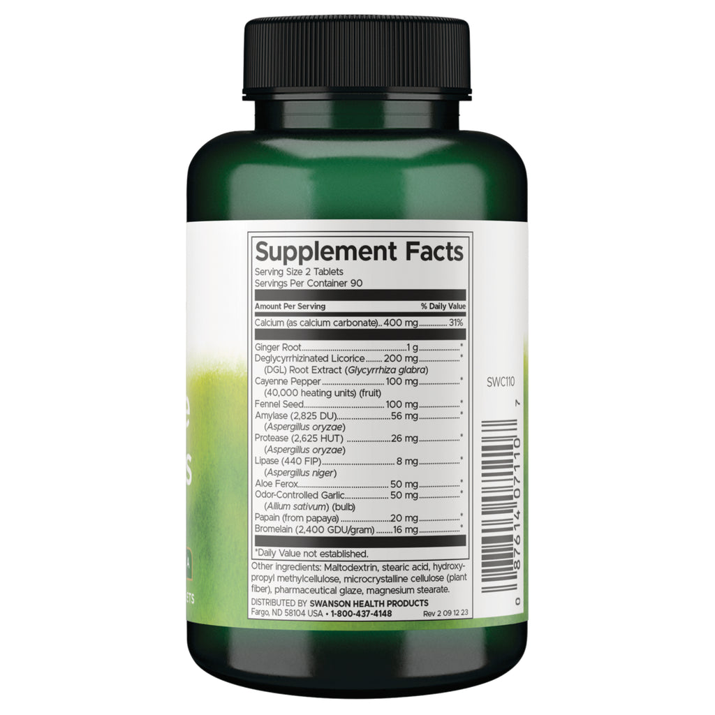 SWC110 | Back of green supplement bottle with Supplement Facts panel and barcode, serving size 2 tablets - Thumbnail