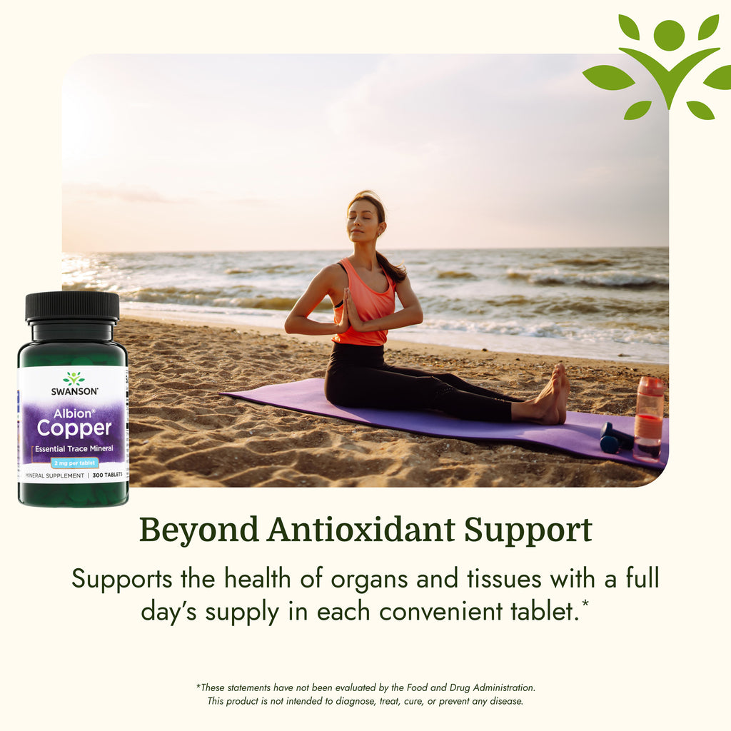SW223 | Woman meditating on a beach beside Swanson Albion Copper supplement bottle, with promotional text - Thumbnail