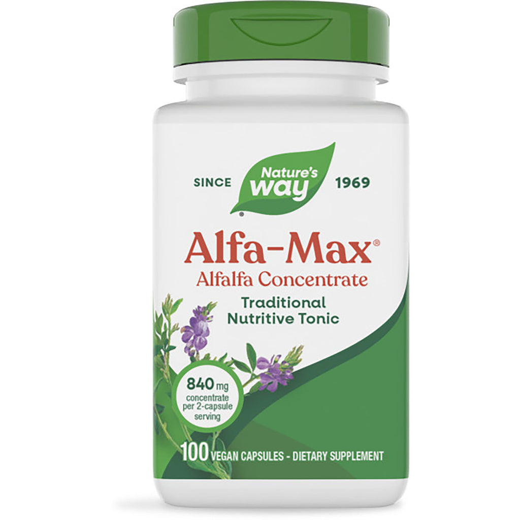 NW107 | Nature's Way ALFA-MAX alfalfa concentrate white bottle with green cap labeled 100 vegan capsules dietary supplement - Thumbnail