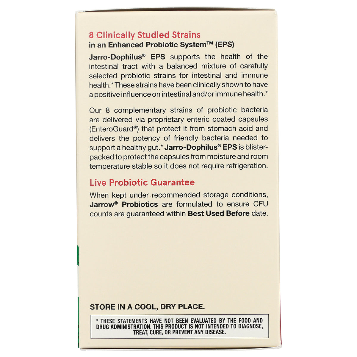 JR063 | box panel listing 8 clinically studied strains, Jarro-Dophilus EPS probiotic benefits and storage instructions
