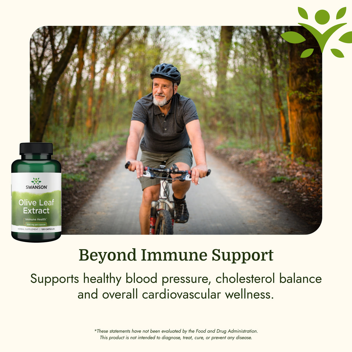 SWH159 | Man biking on a wooded trail beside Swanson Olive Leaf Extract supplement pack and cardiovascular wellness claims