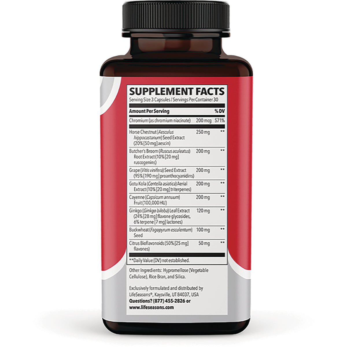 LSS002 | Back of red supplement bottle showing Supplement Facts panel and ingredient list
