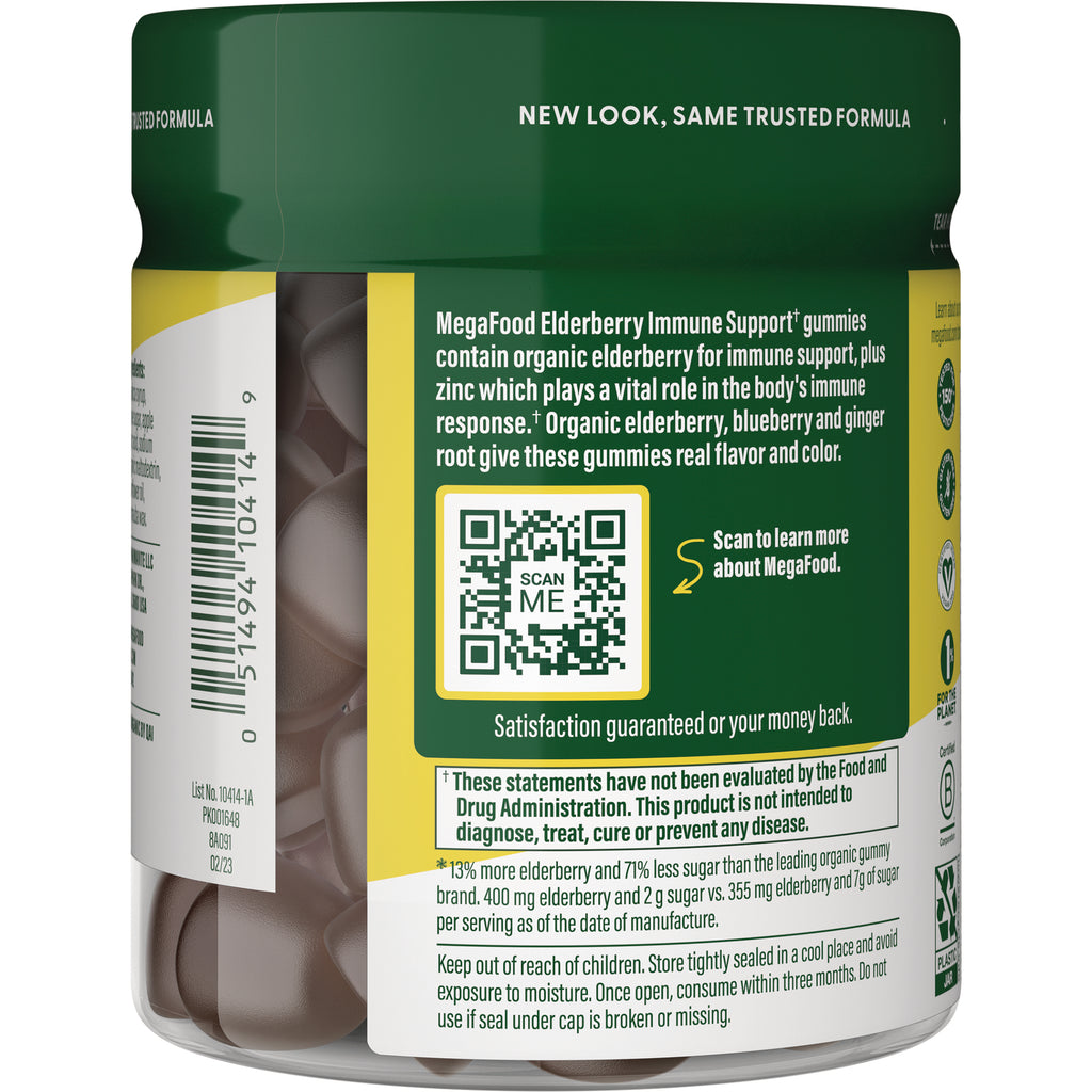 MGF106 | Back label of MegaFood Elderberry Immune Support gummies showing QR code, barcode, product claims and safety warnings - Thumbnail