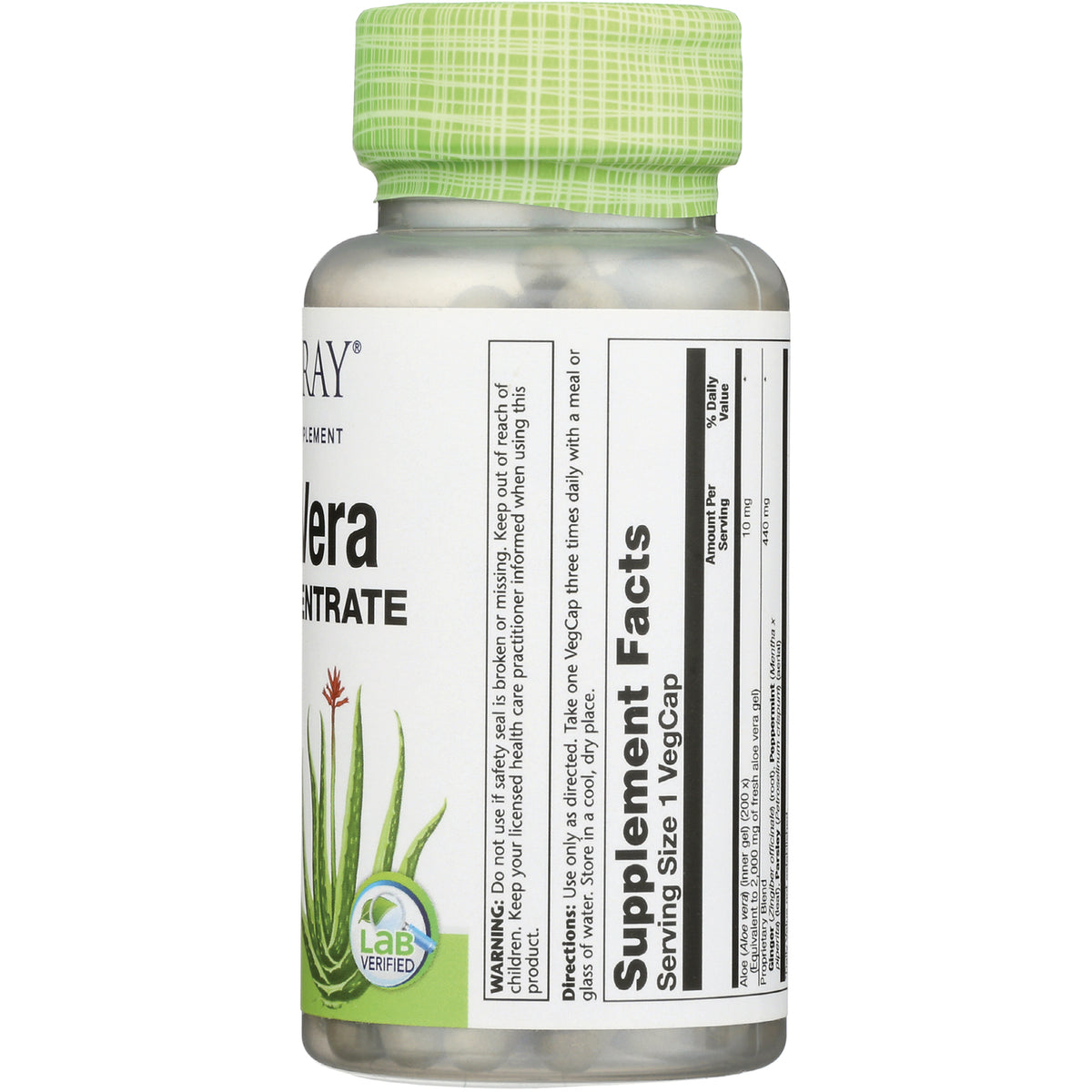 SLR253 | Back of supplement bottle showing Supplement Facts label, Serving Size 1 VegCap, aloe illustration and Lab Verified badge