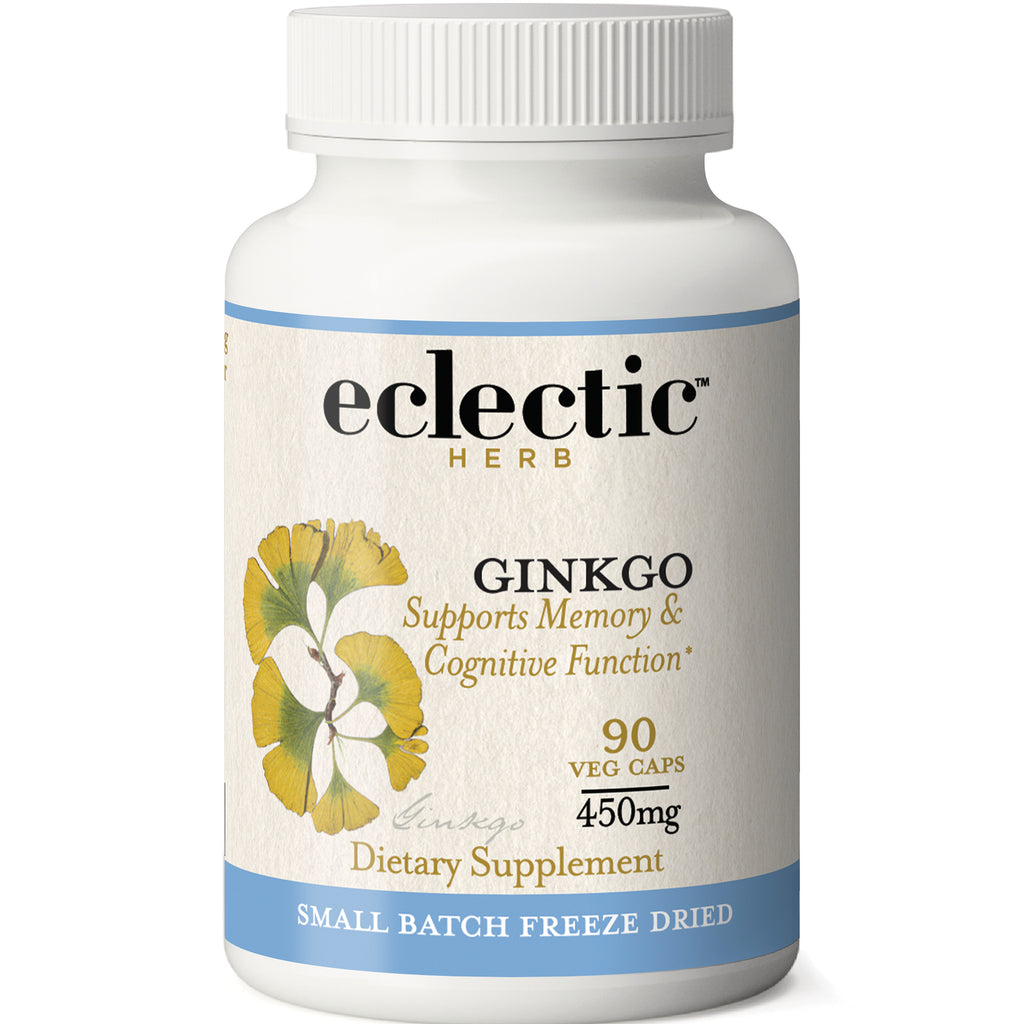 EC004 | White bottle of Eclectic Herb Ginkgo dietary supplement label, 90 veg caps 450mg, small batch freeze dried - Thumbnail