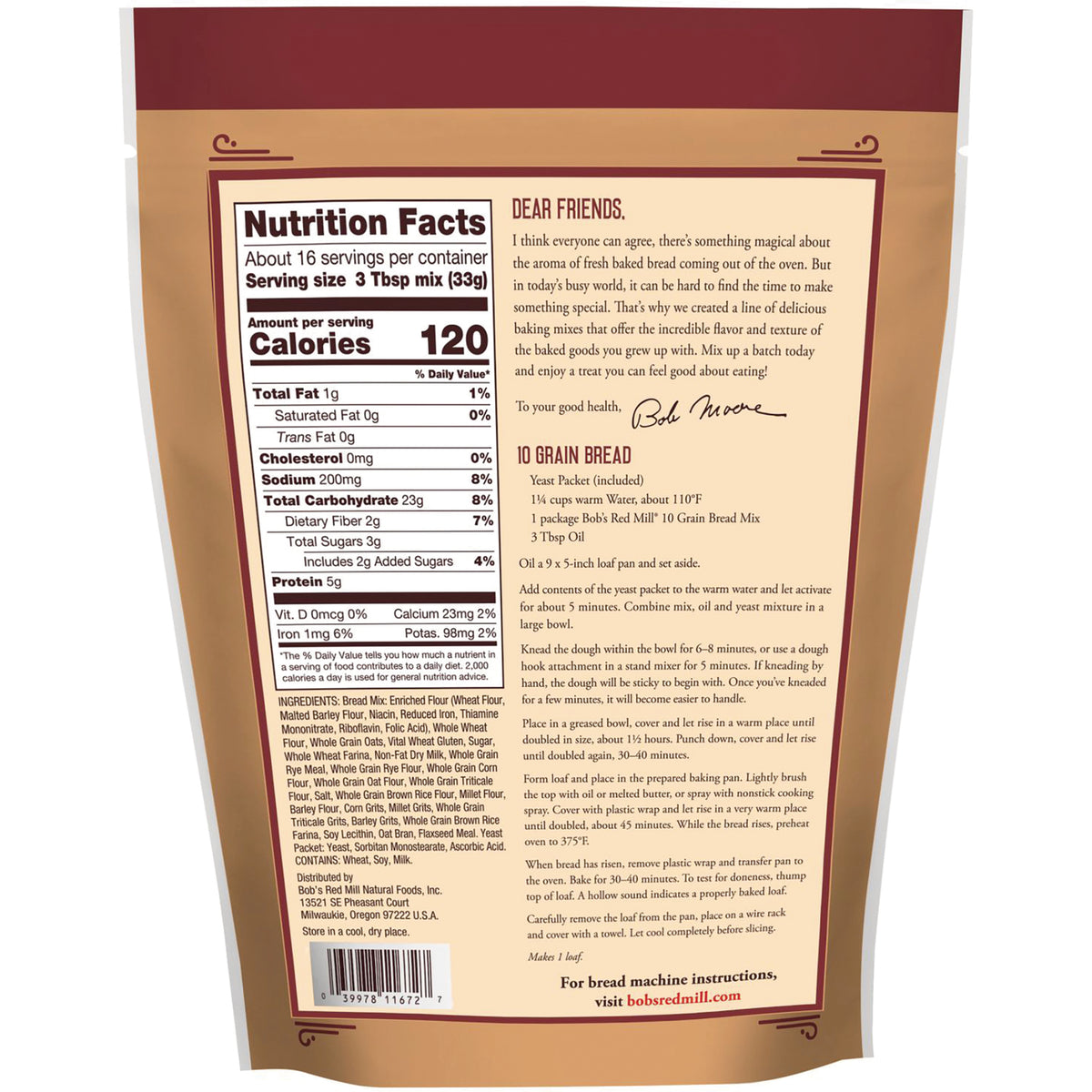 BOB442 | Back of package showing nutrition facts, ingredients and 10 Grain Bread recipe