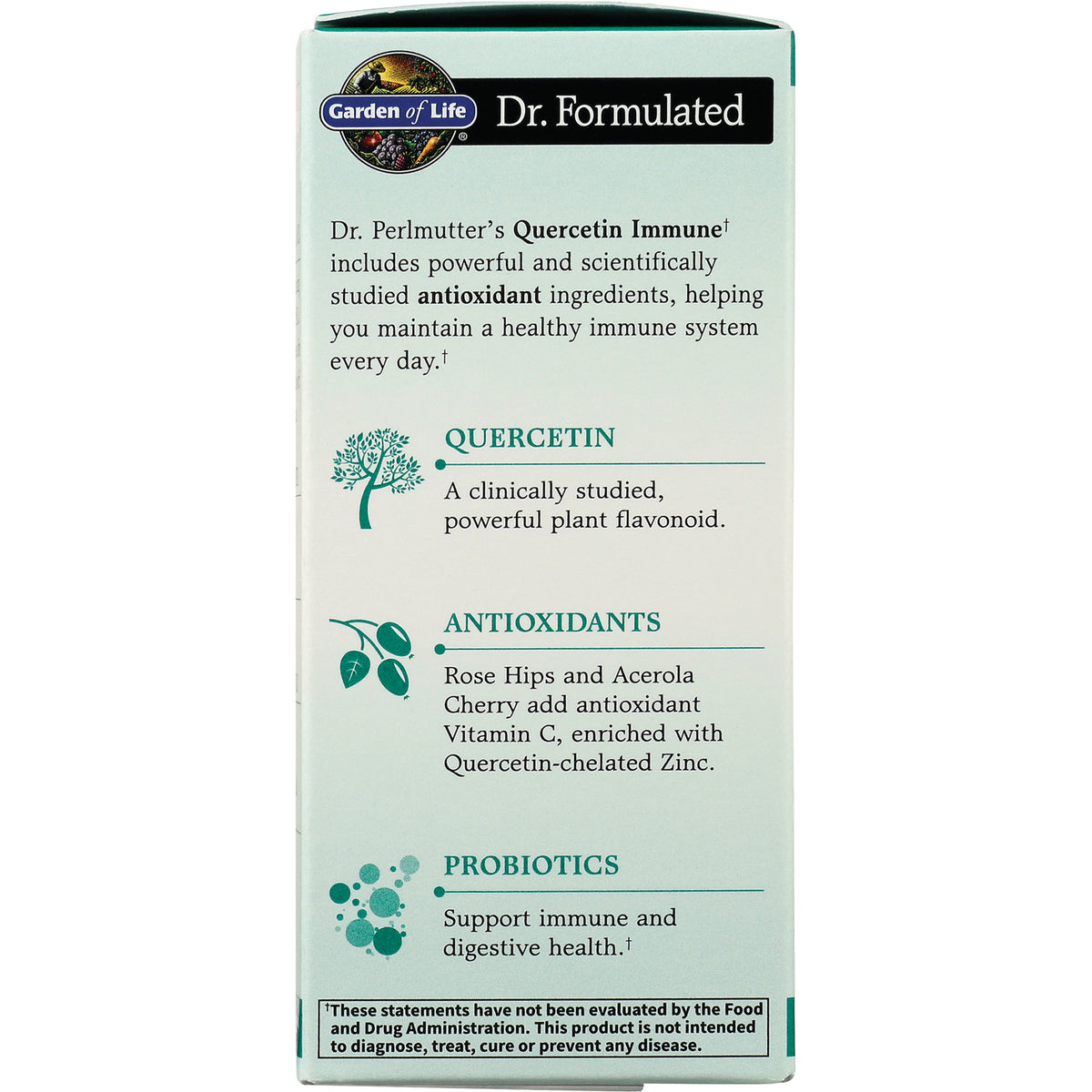 GLF360 | product infographic listing Quercetin, Antioxidants, and Probiotics benefits on Garden of Life Dr. Formulated box