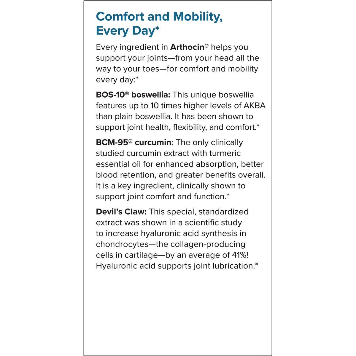 EUR005 | back panel listing ingredient highlights and claims including BOS-10 boswellia, BCM-95 curcumin, and Devil's Claw