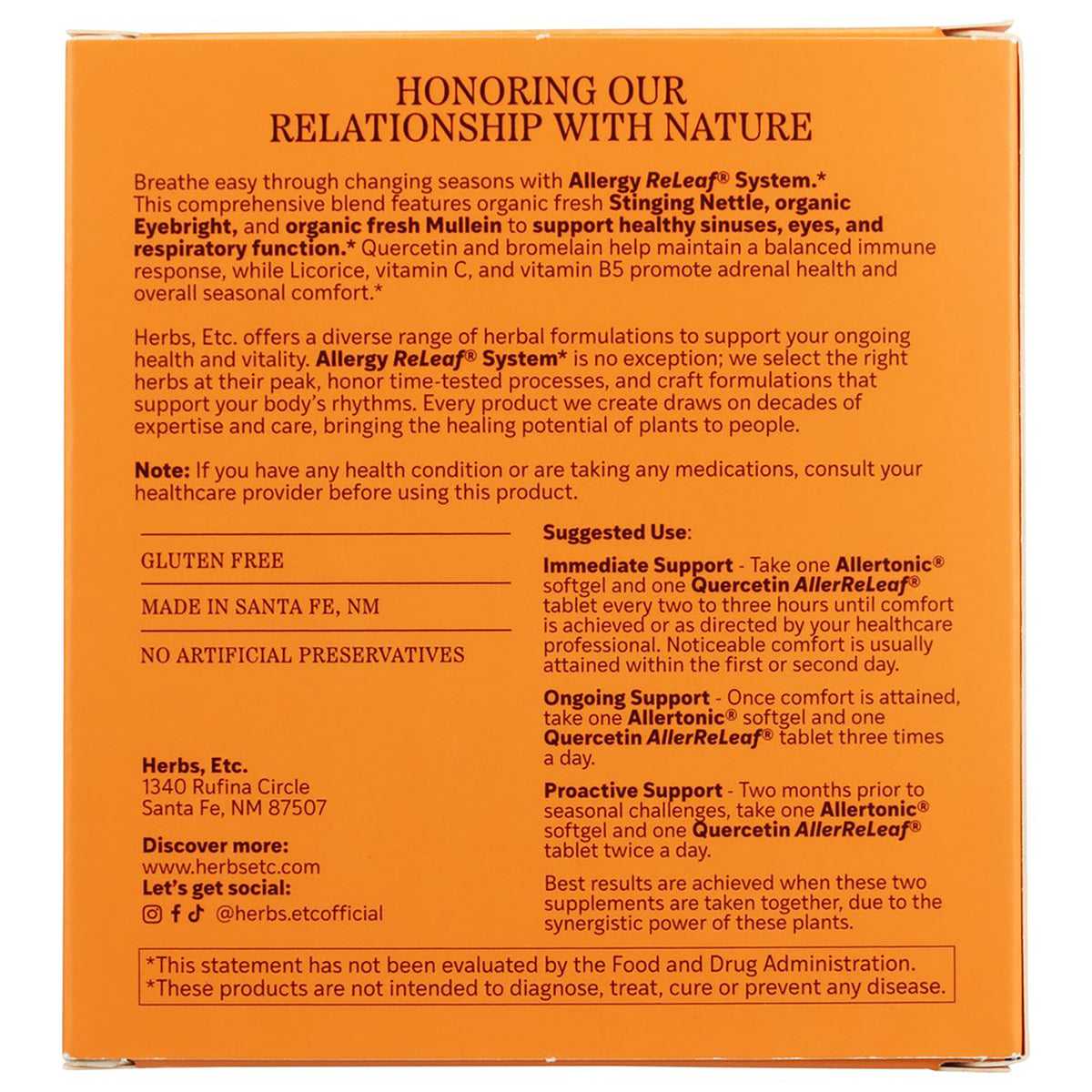 HE099 | Back of Herbs, Etc. Allergy ReLeaf System box with ingredients, suggested use, and FDA disclaimer
