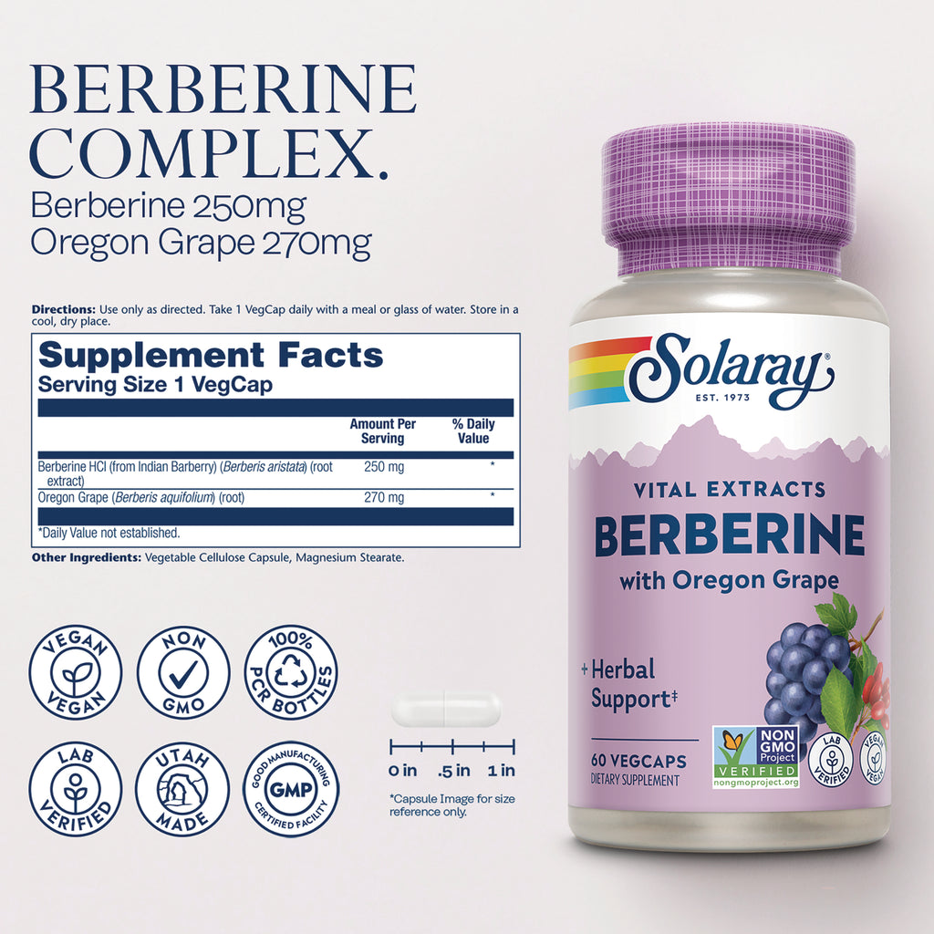 SLR443 | Solaray Berberine with Oregon Grape supplement facts panel and directions, plus bottle image - Thumbnail