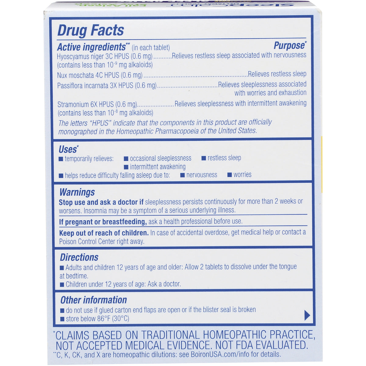 BRN124 | back of sleep aid box showing Drug Facts panel, active ingredients, warnings, directions and storage info