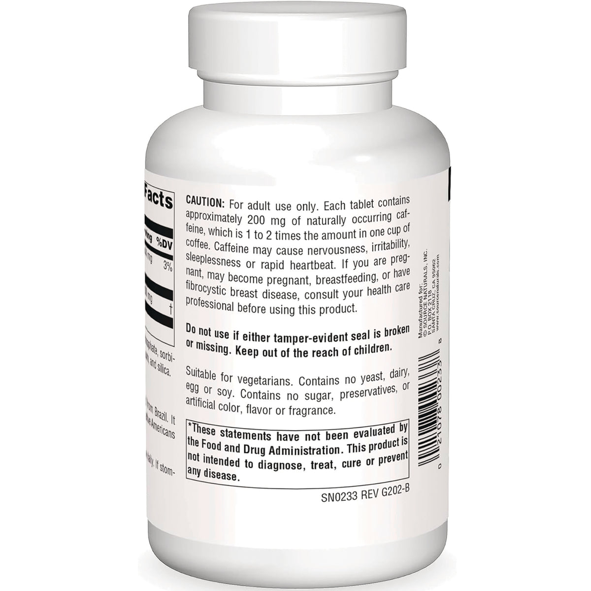 SN616 | Back label with caffeine caution, vegetarian statement, FDA disclaimer, and barcode