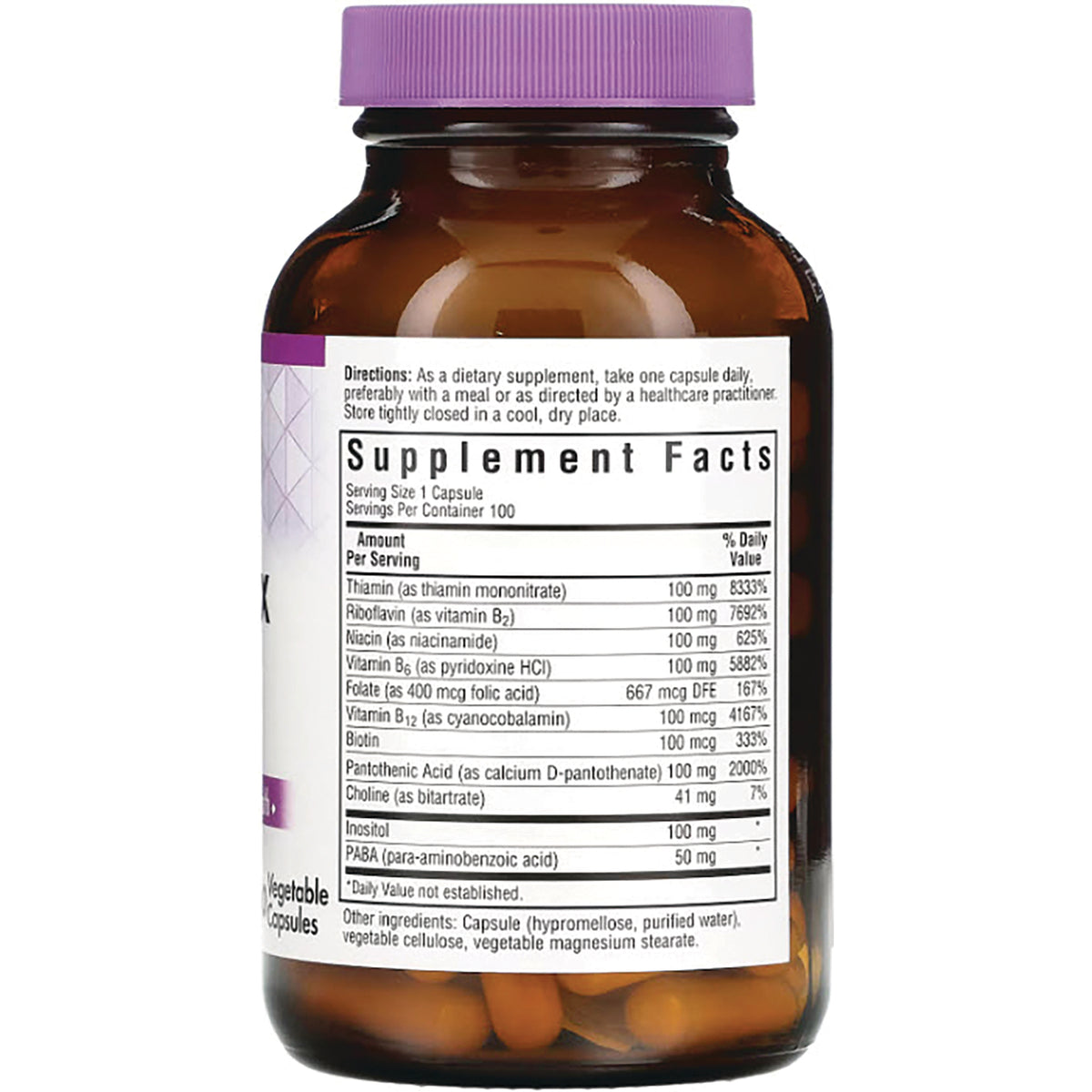 BLU054 | Back of brown supplement bottle showing Supplement Facts panel, directions, ingredients and capsules visible through glass