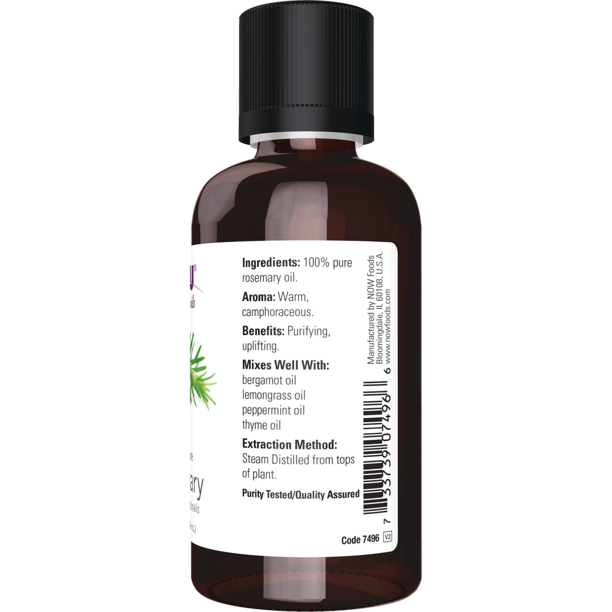 NWF272 | Back label of amber bottle listing ingredients, aroma, benefits, mixes well with, extraction method and barcode